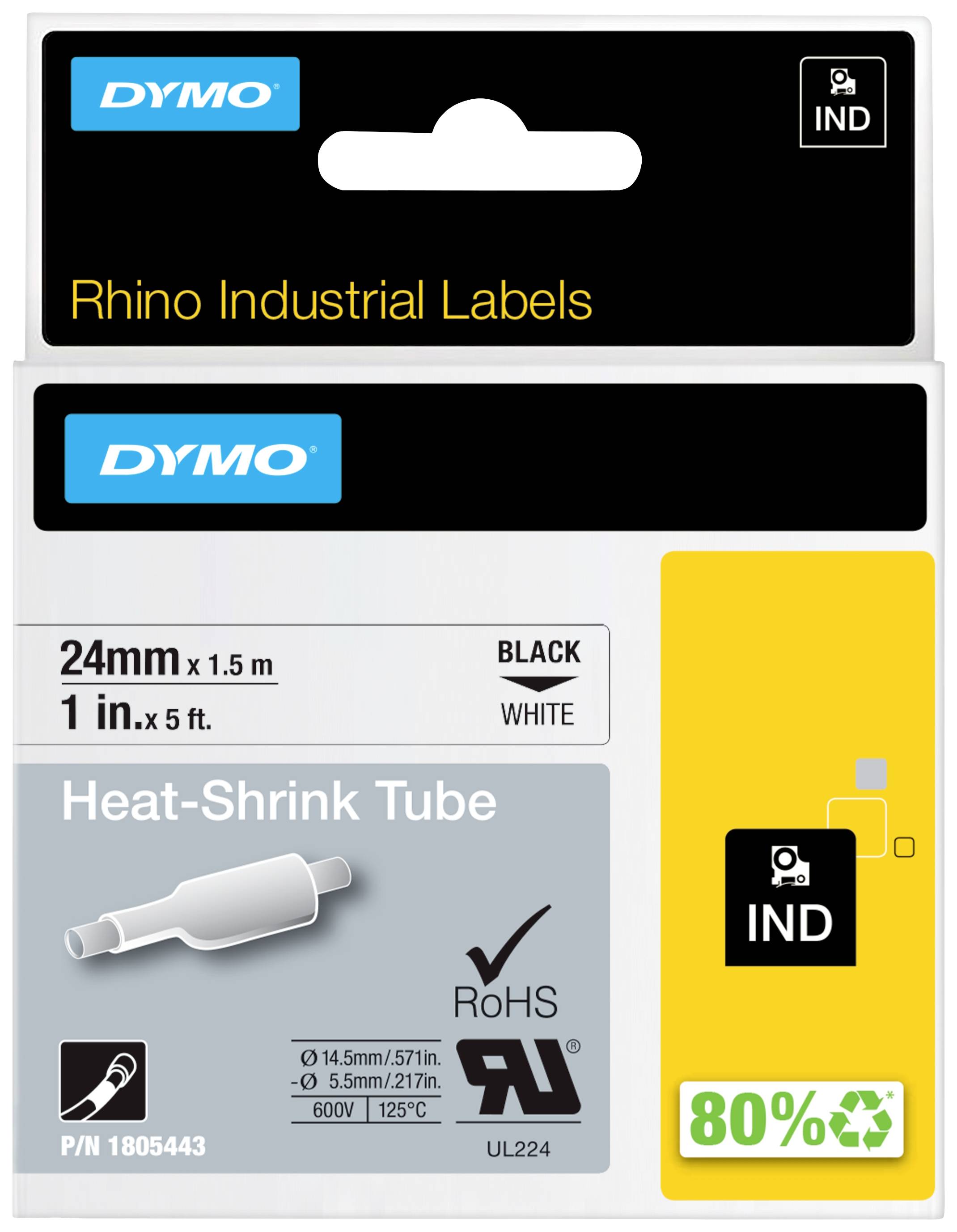 Etikettenverpackung: Dymo Industrial Heat-Shrink Tube, 24mm x 1,5m, schwarz auf weiß. RoHS-konform, 80% recycelbar.