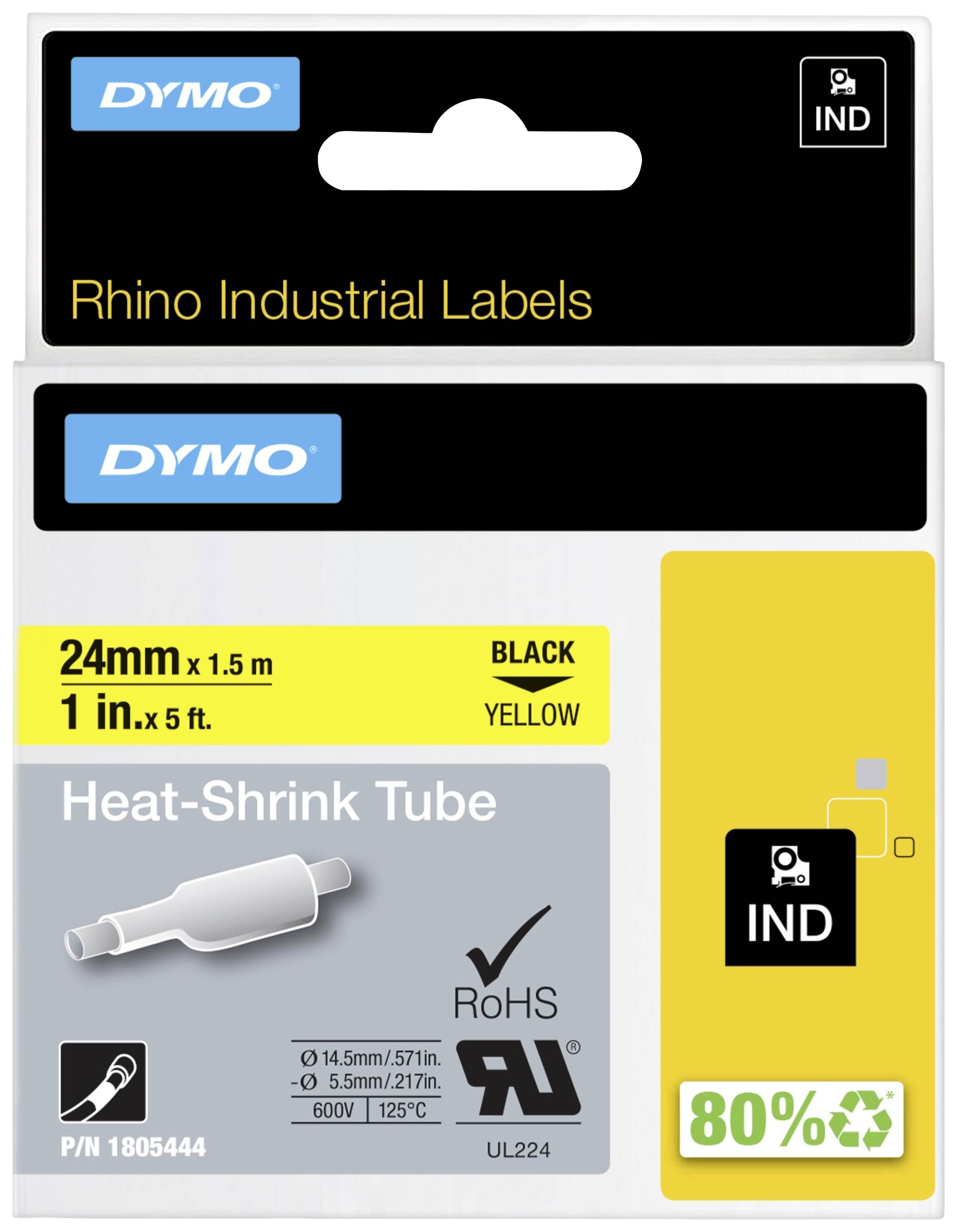 Schriftband Wärme-Schrumpfschlauch DYMO IND RHINO 1805444 Polyolefin Bandfarbe: Gelb Schriftfarbe:Schwarz 24 mm 1.5 m