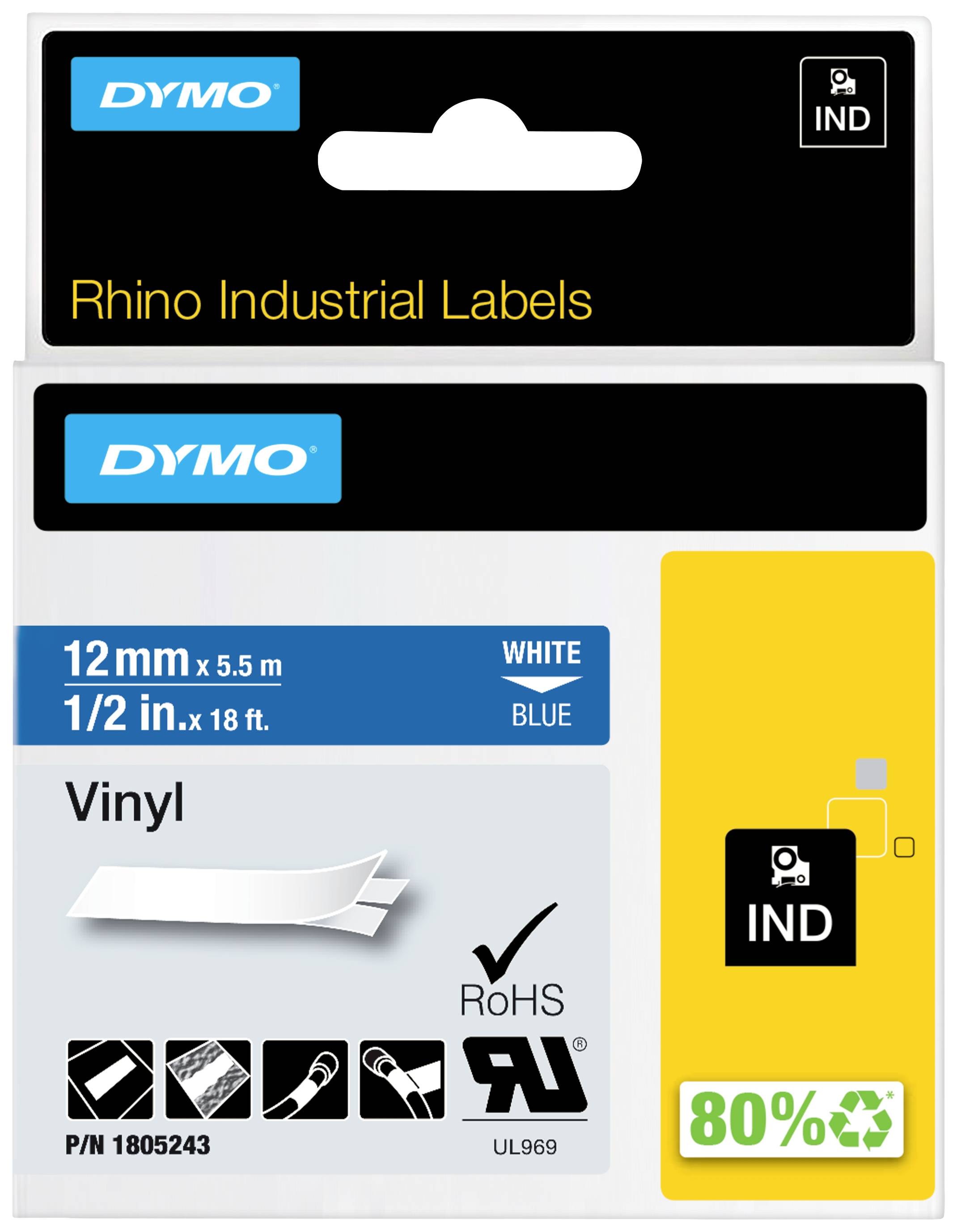 Etikett für Dymo Rhino Industriekleber, Vinyl, 12 mm x 5,5 m, weiß-blau, enthält RoHS und UL969 Zertifizierungen.