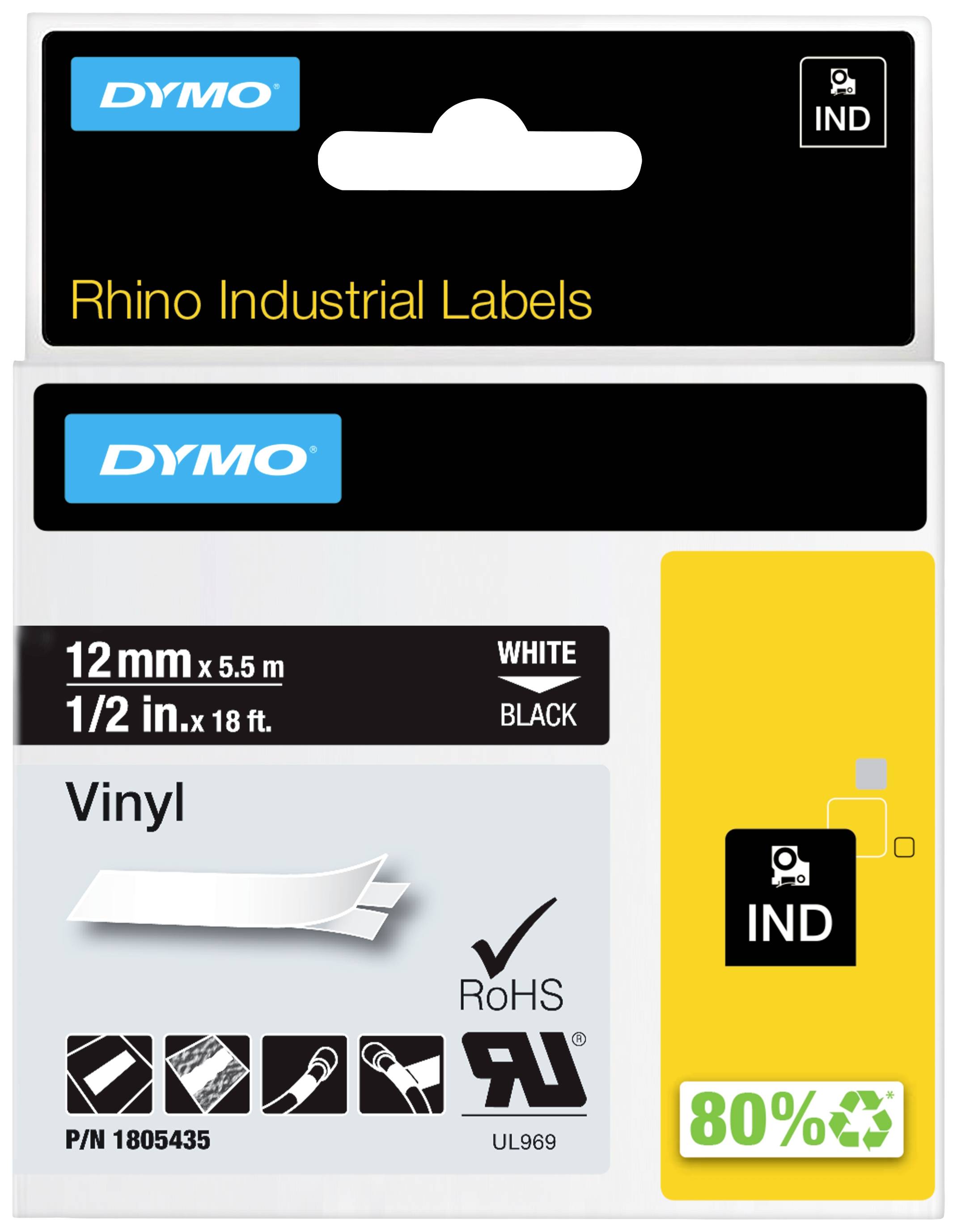 Dymo Vinyl Etikett, 12mm x 5,5m, schwarz auf weiß. RoHS-konform. 80% recycelbar. Für industrielle Anwendungen.