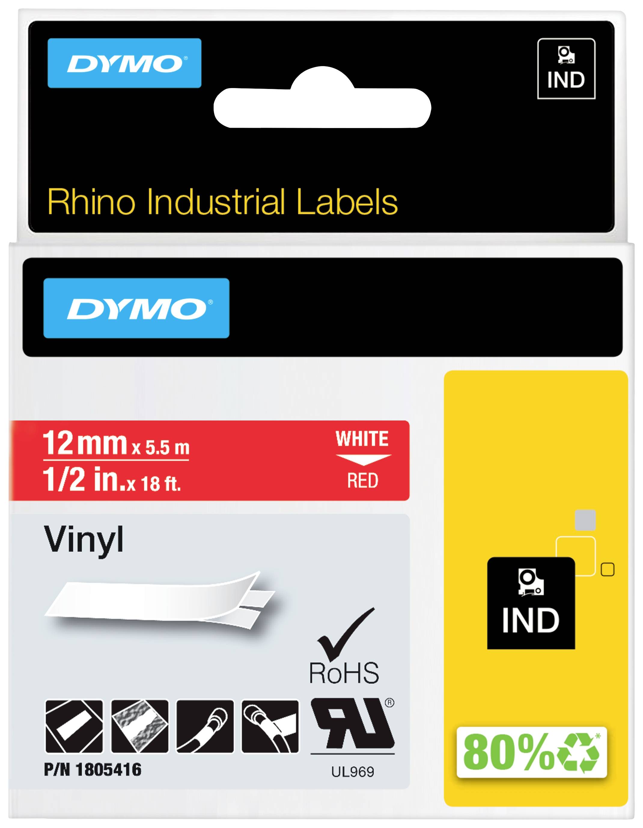 'DYMO Rhino Industrial Labels' Verpackung mit rotem und weißem Vinylband. Maße: 12mm x 5,5m. Hinweise auf Nachhaltigkeit und Zertifizierungen.