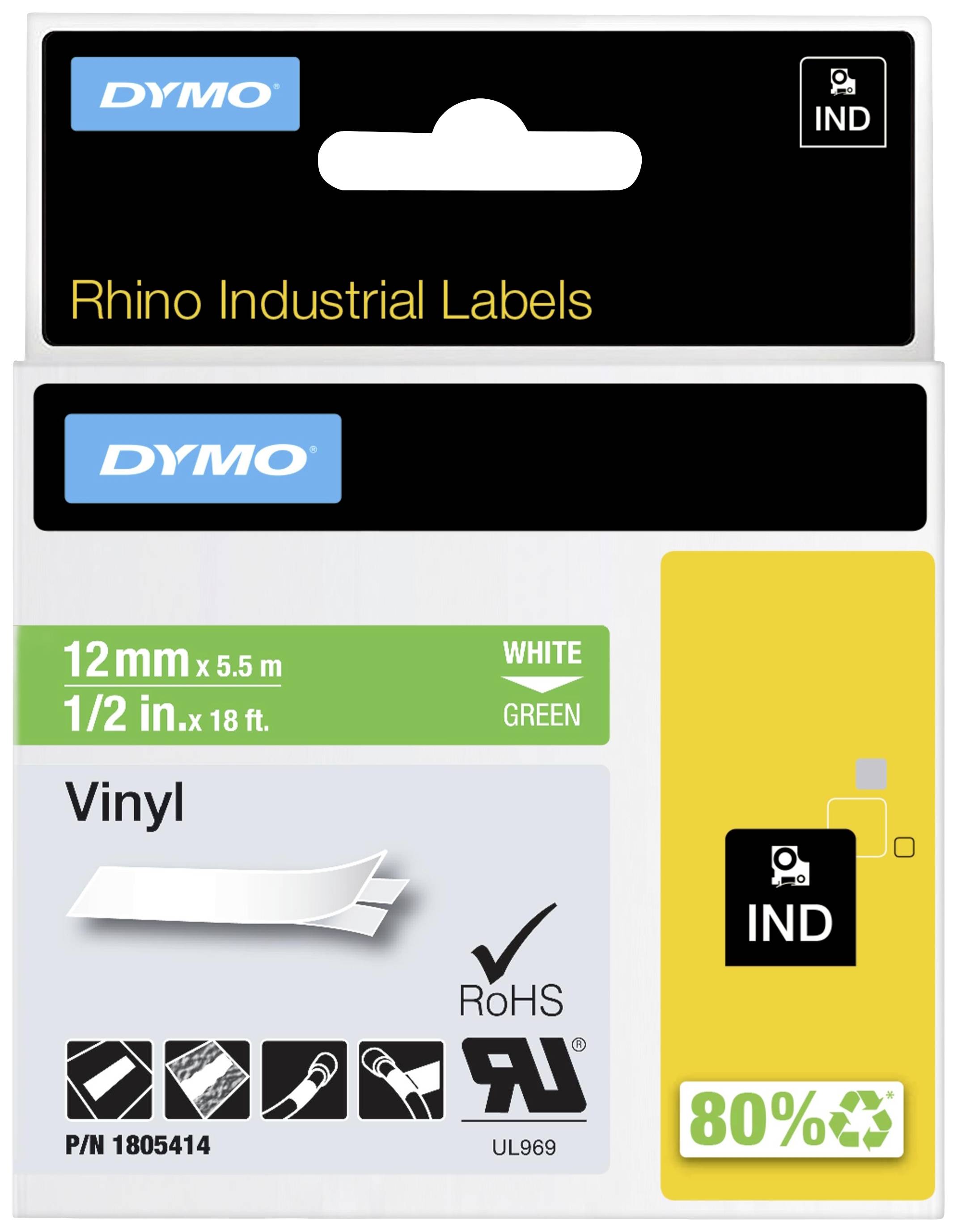 'DYMO' Verpackung für Rhino Industrial Labels. Weißes Vinylband, 12mm x 5,5m. Enthält Umwelt- und Sicherheitszertifizierungen.