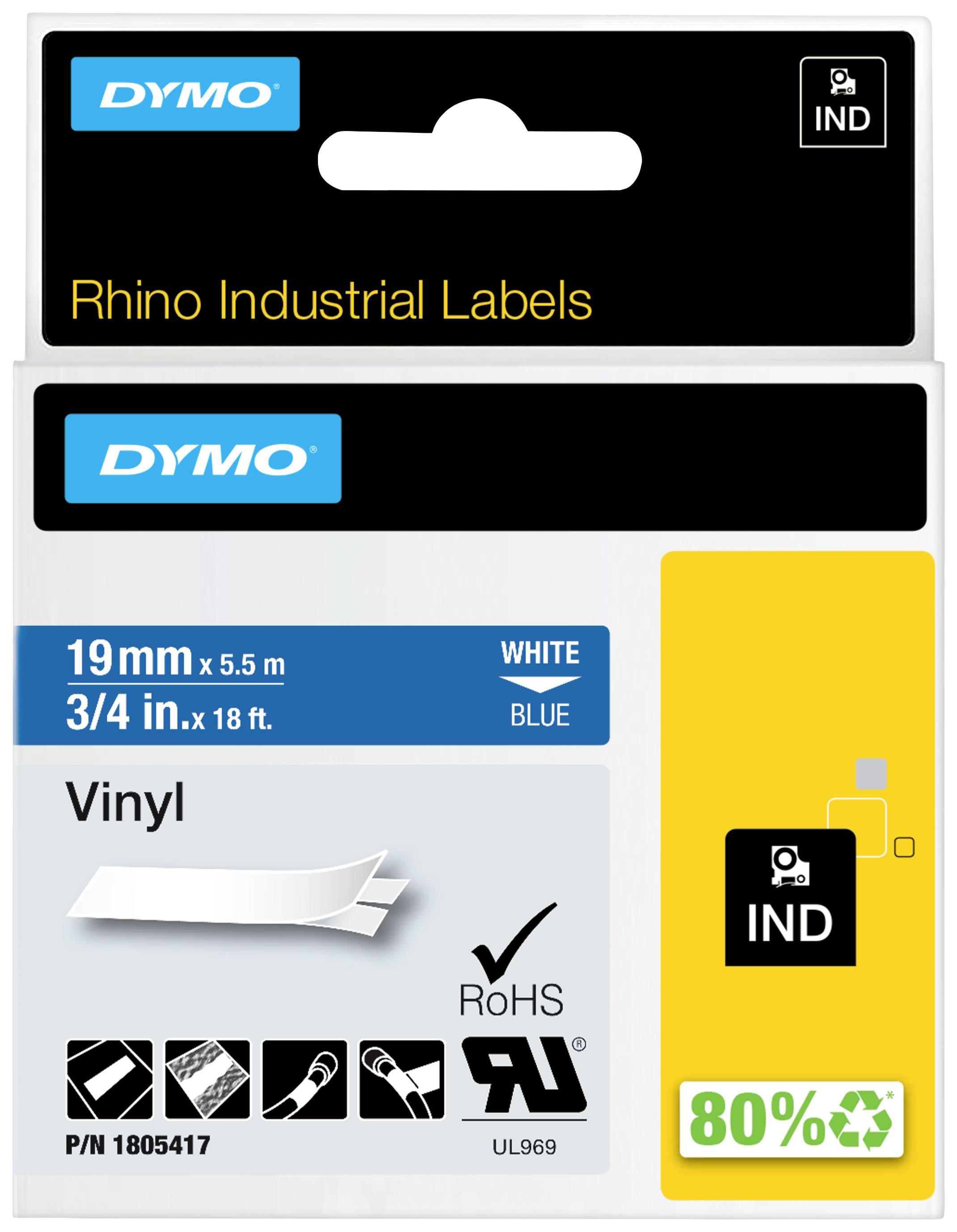 Etikettenverpackung von Dymo für industrielle Nutzung. Maße: 19 mm x 5,5 m; Farbe: Weiß auf Blau. Vinyl, RoHS-konform.