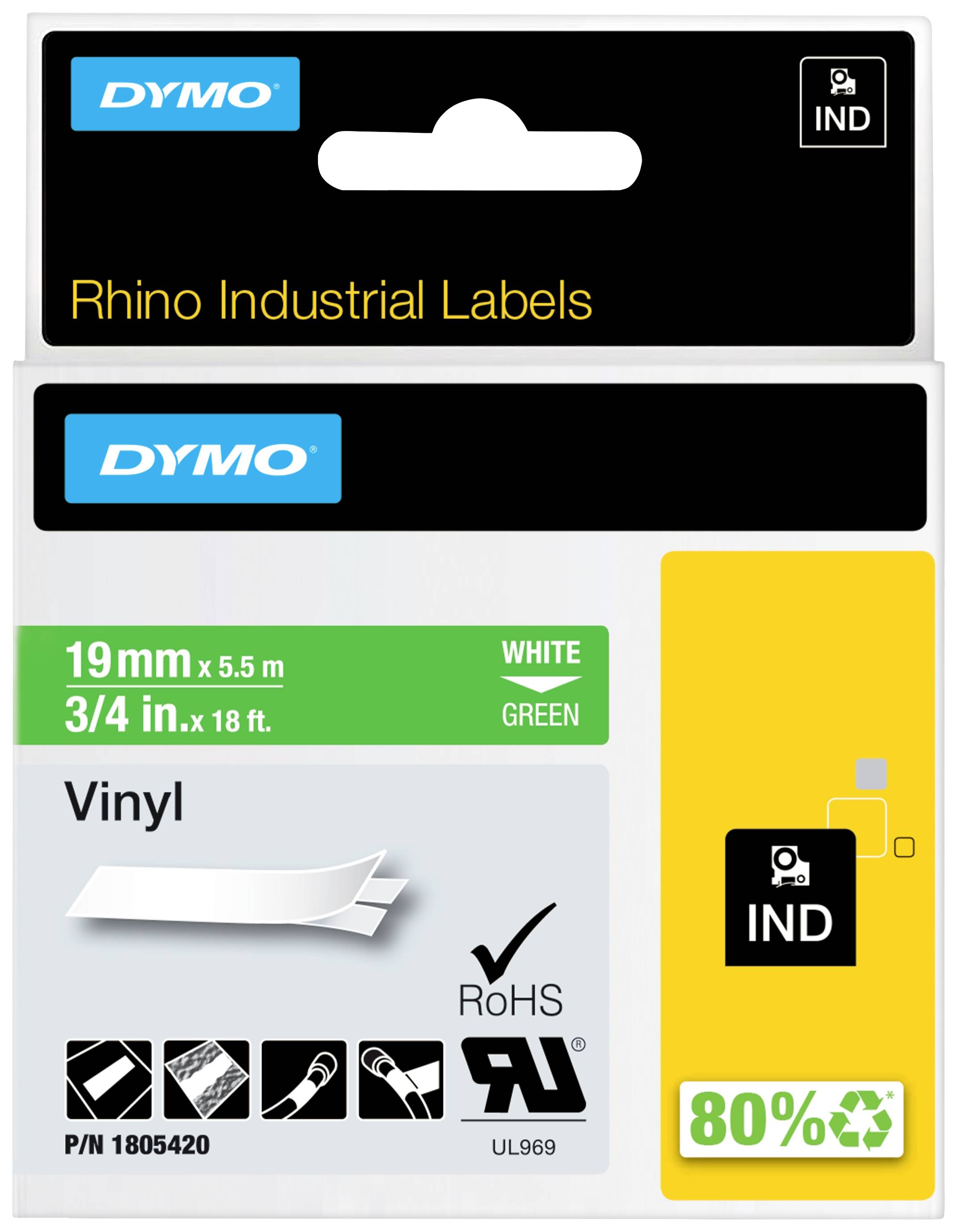 DYMO 1805420 Schriftband Vinyl Bandfarbe: Grün Schriftfarbe: Weiß 19 mm 5.5 m