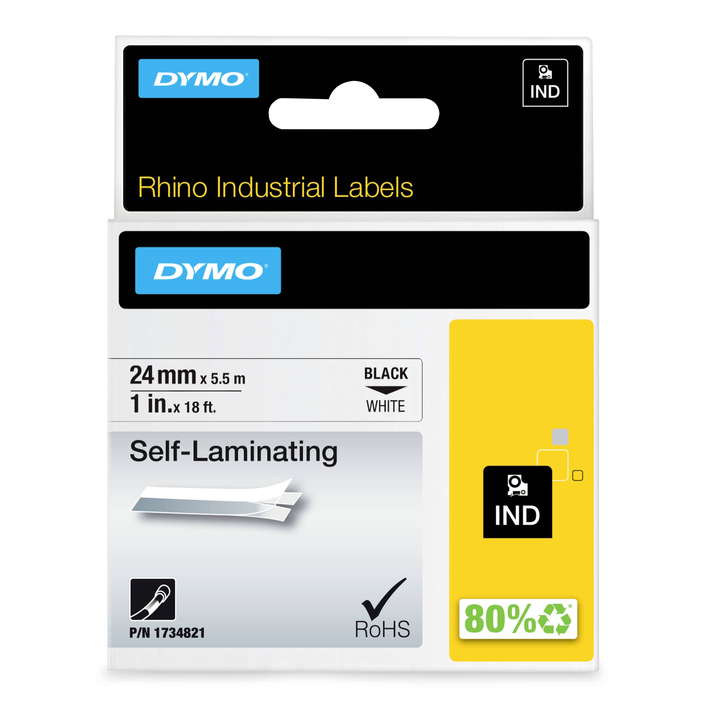 Verpackung des DYMO Rhino Industrielle Etiketten. 24 mm x 5,5 m, schwarz auf weiß. Selbstlaminierend, 80% recyceltem Material.