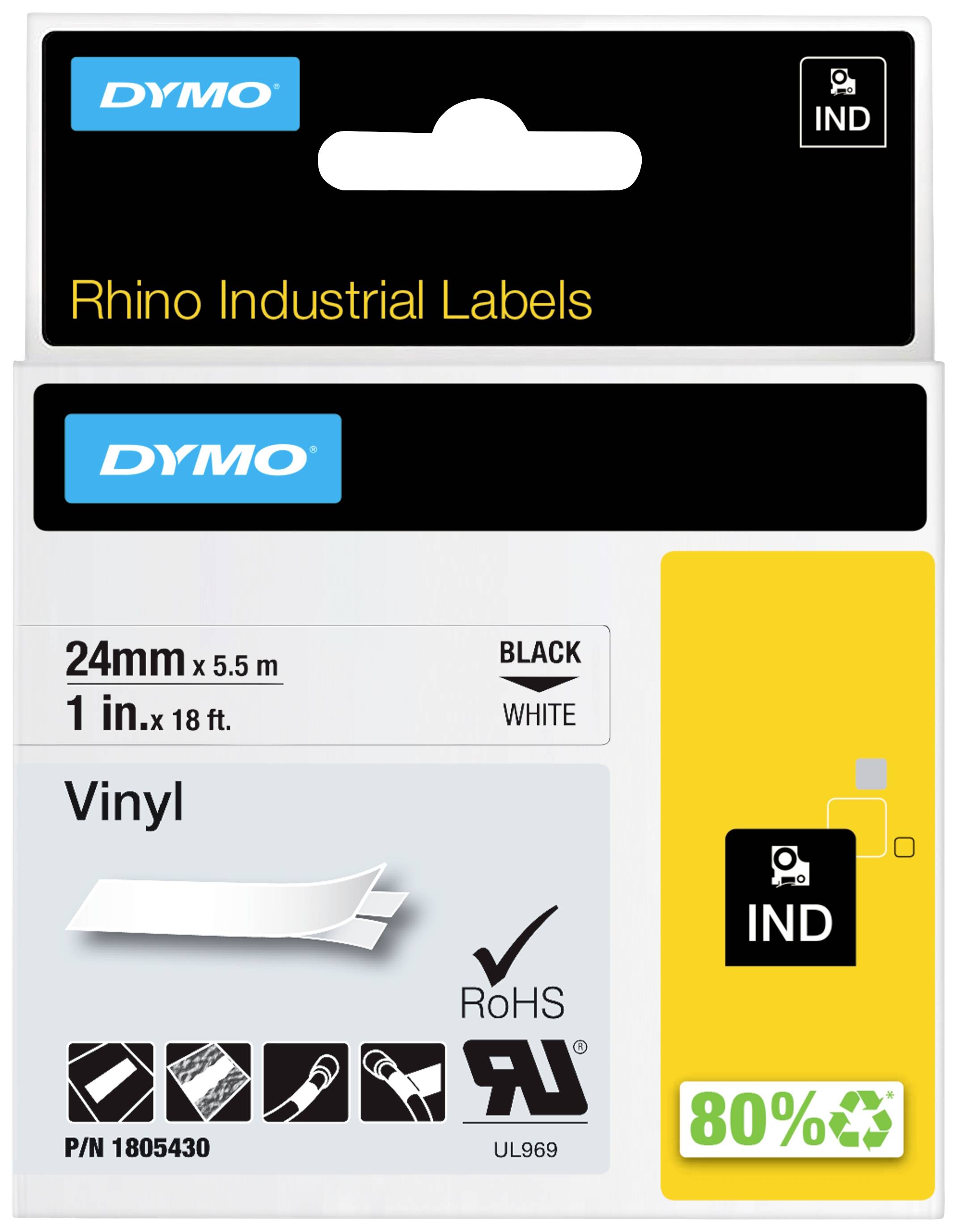 Verpackung für DYMO Rhino Industrial Labels, Vinyl, 24mm x 5,5m, schwarz auf weiß. Enthält Recycling- und Sicherheitsinformationen.