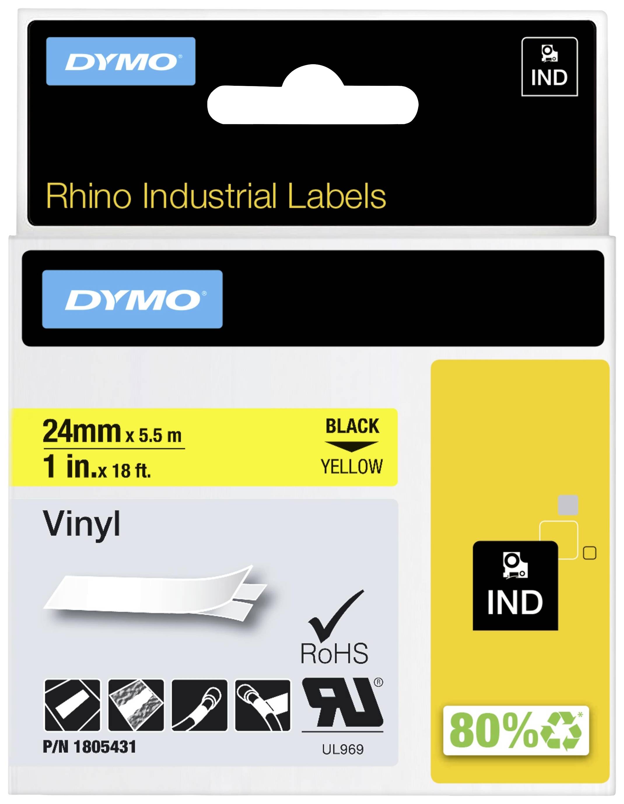 Verpackung für DYMO Rhinolabels: Vinyl-Etiketten, 24 mm x 5,5 m, schwarz auf gelb. Enthält Symbole für RoHS und UL-Zertifizierung.