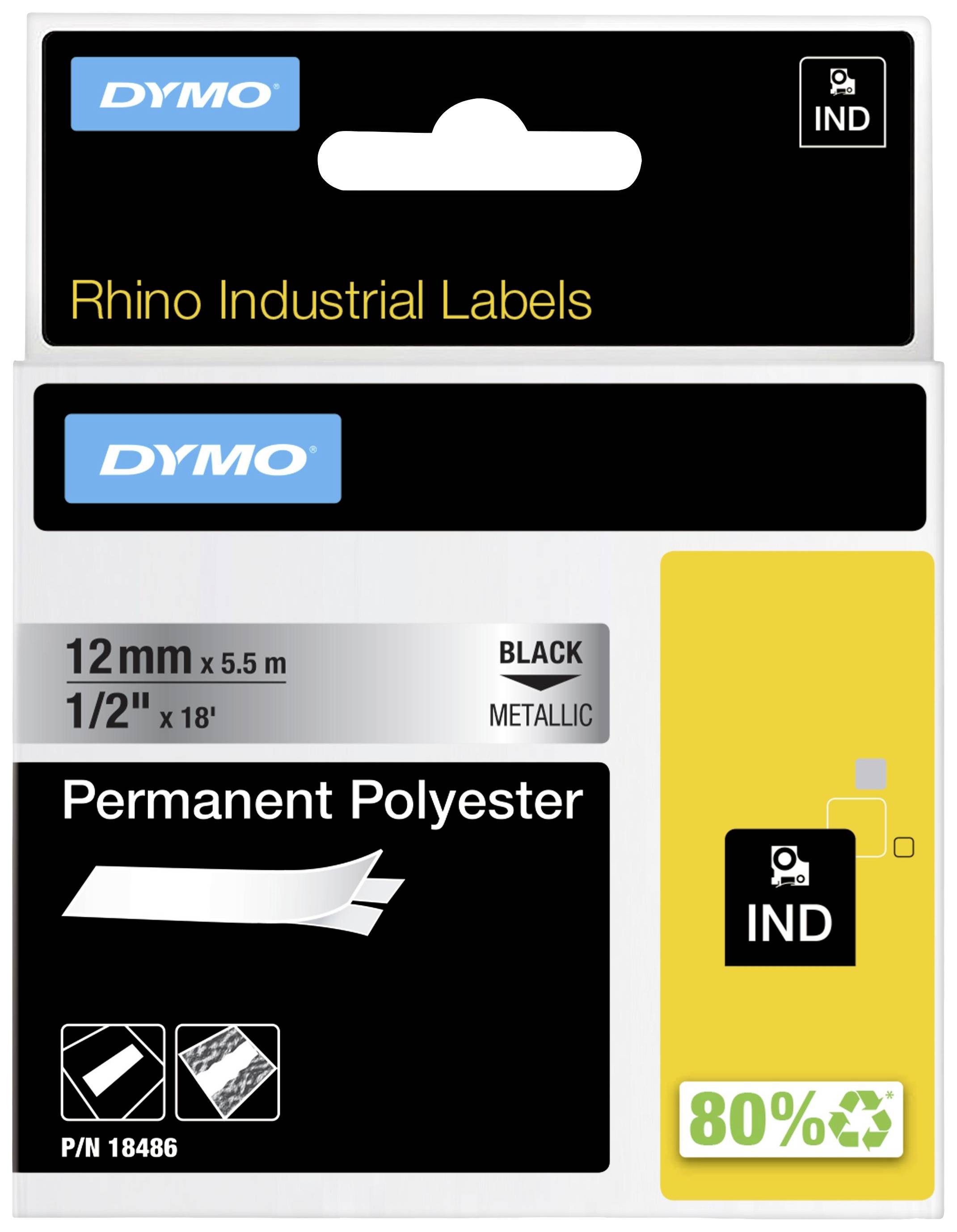 'DYMO Rhino Industrial Labels'; permanent polyester, 12mm x 5,5m, schwarz-metallic; enthält 80% recycelte Materialien.