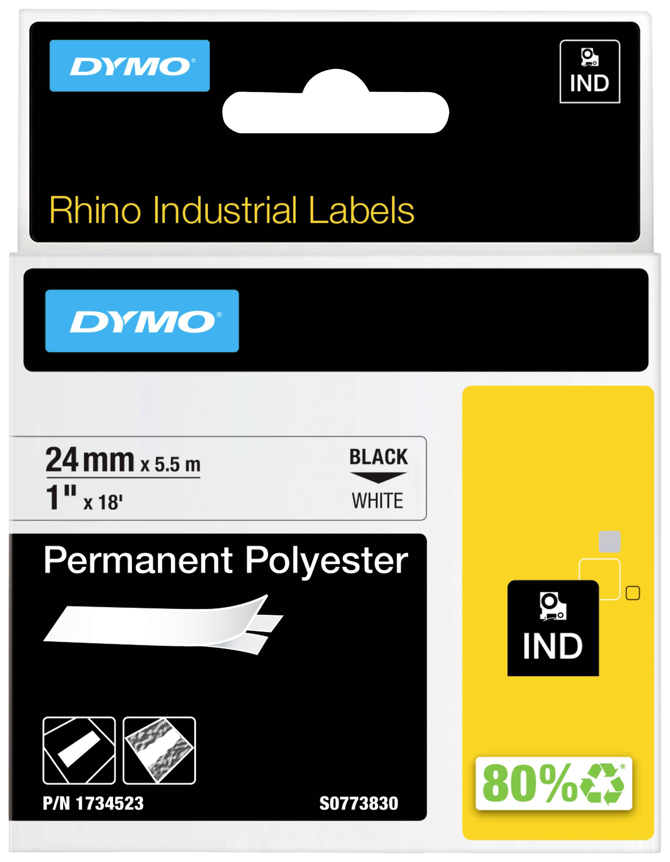 'DYMO Rhino Industrial Labels' Verpackung, passend für 24mm x 5,5m Bänder, Polyester, schwarz auf weiß. Enthält Recycling-Symbol mit '80%'.