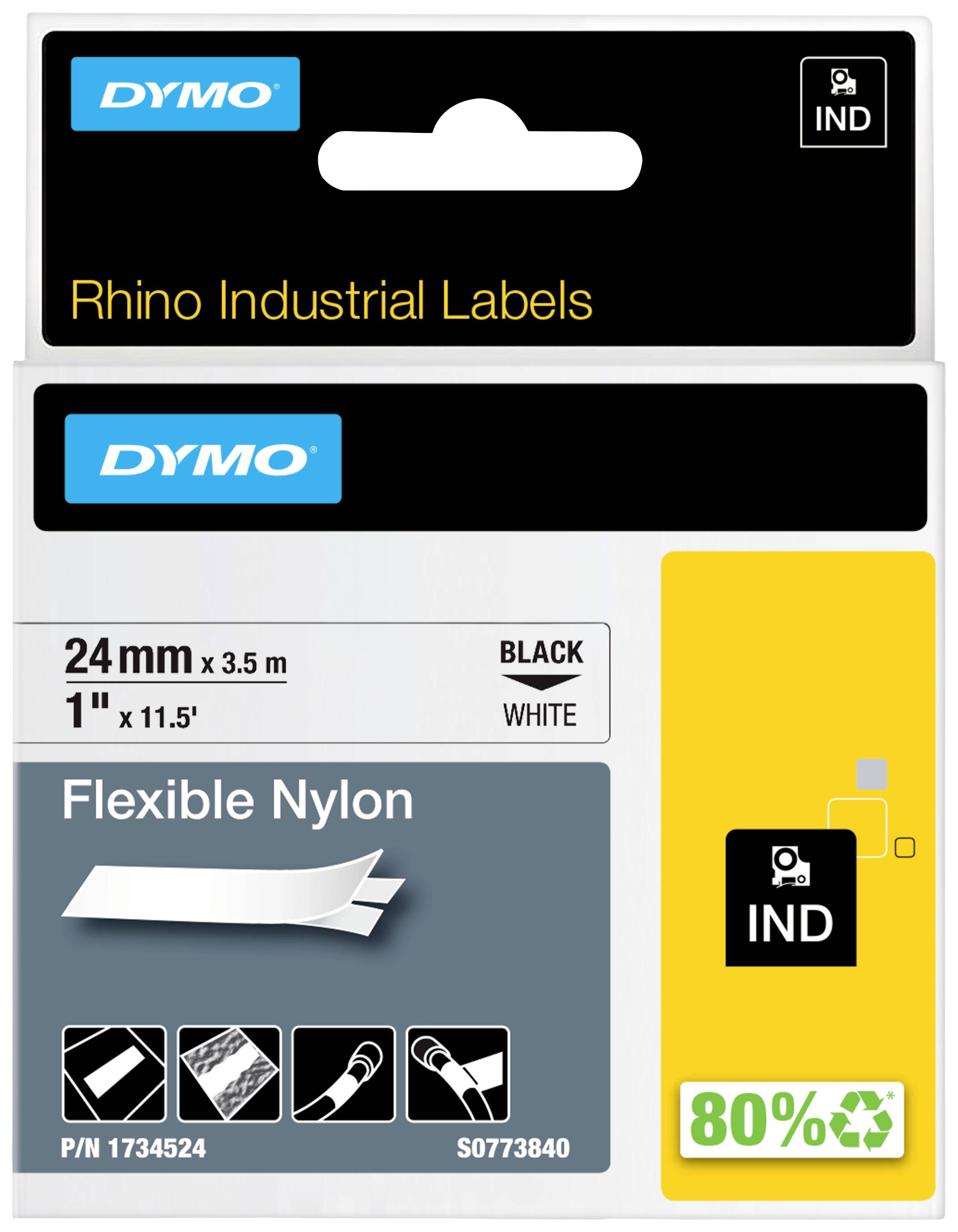 'Dymo Rhino Industrial Labels', flexible Nylon, schwarz auf weiß, 24 mm x 3,5 m. Etiketten eignen sich für Kabel und glatte Oberflächen.