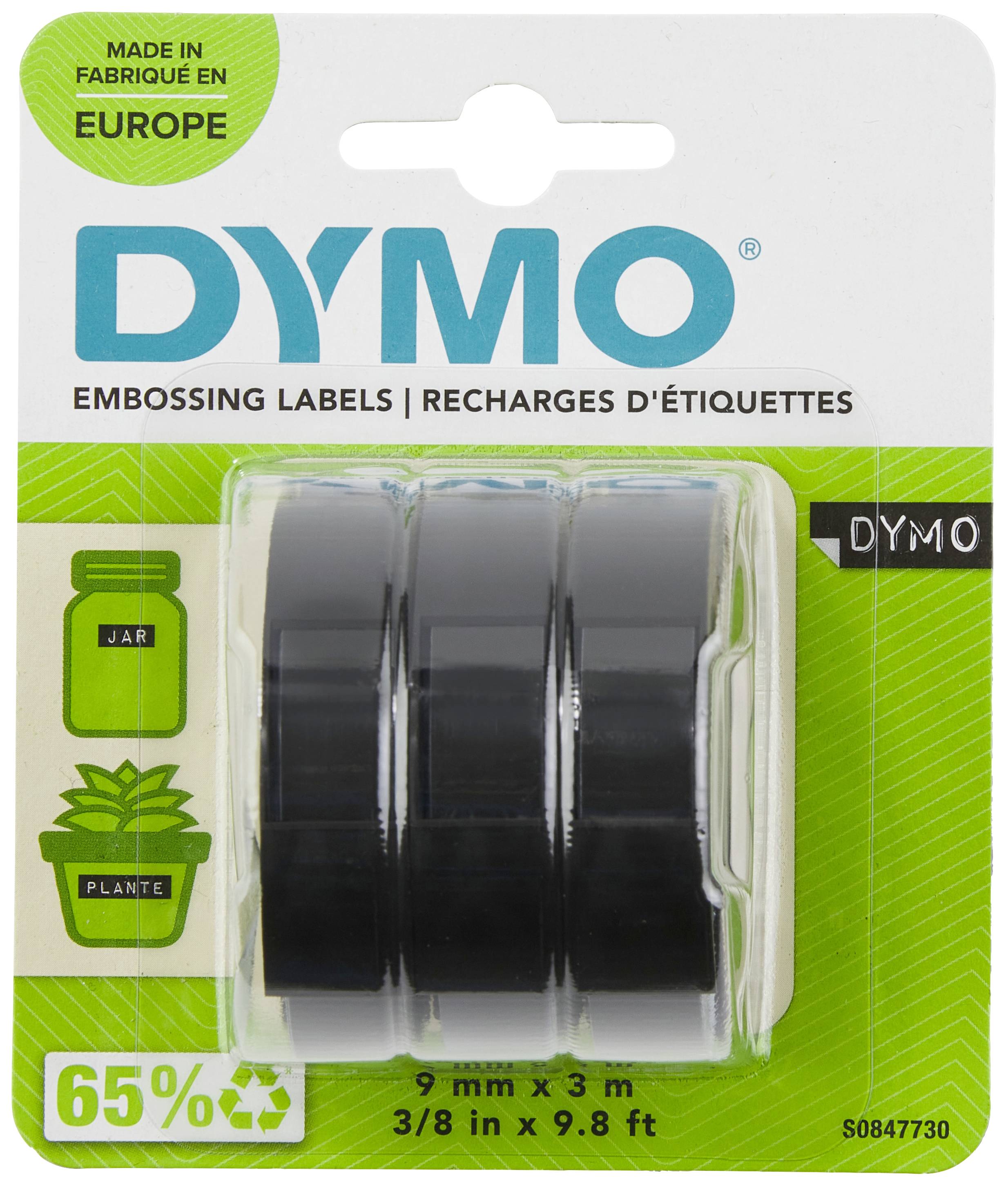 'DYMO'-Prägeetiketten, schwarze Bandrollen 9 mm x 3 m, für Gläser und Pflanzen gekennzeichnet, 65% recycelt, hergestellt in Europa.