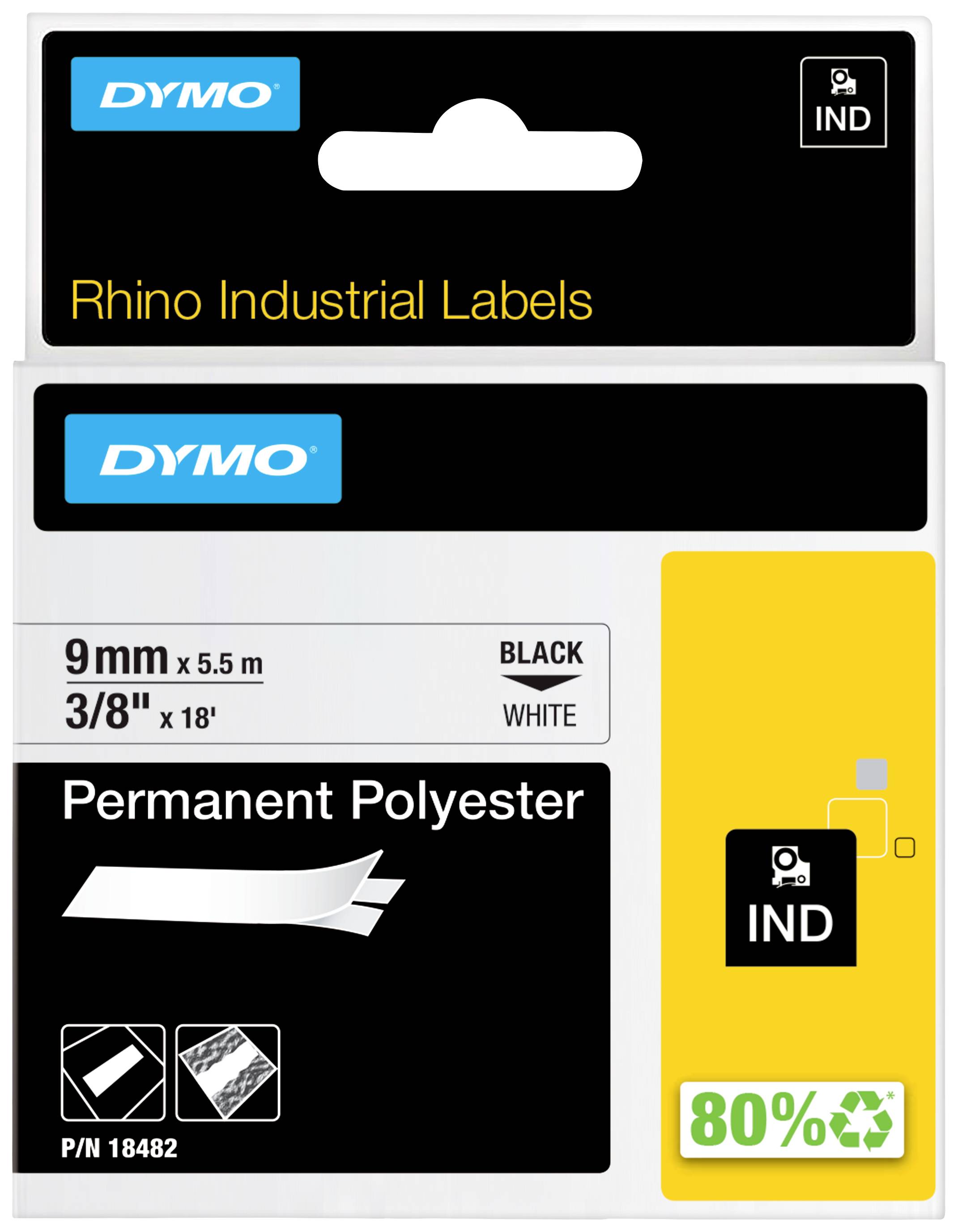 Verpackung von Dymo Rhino Industrieklebeband, 9 mm x 5,5 m, schwarz auf weiß, permanentes Polyester, 80% recycelt.