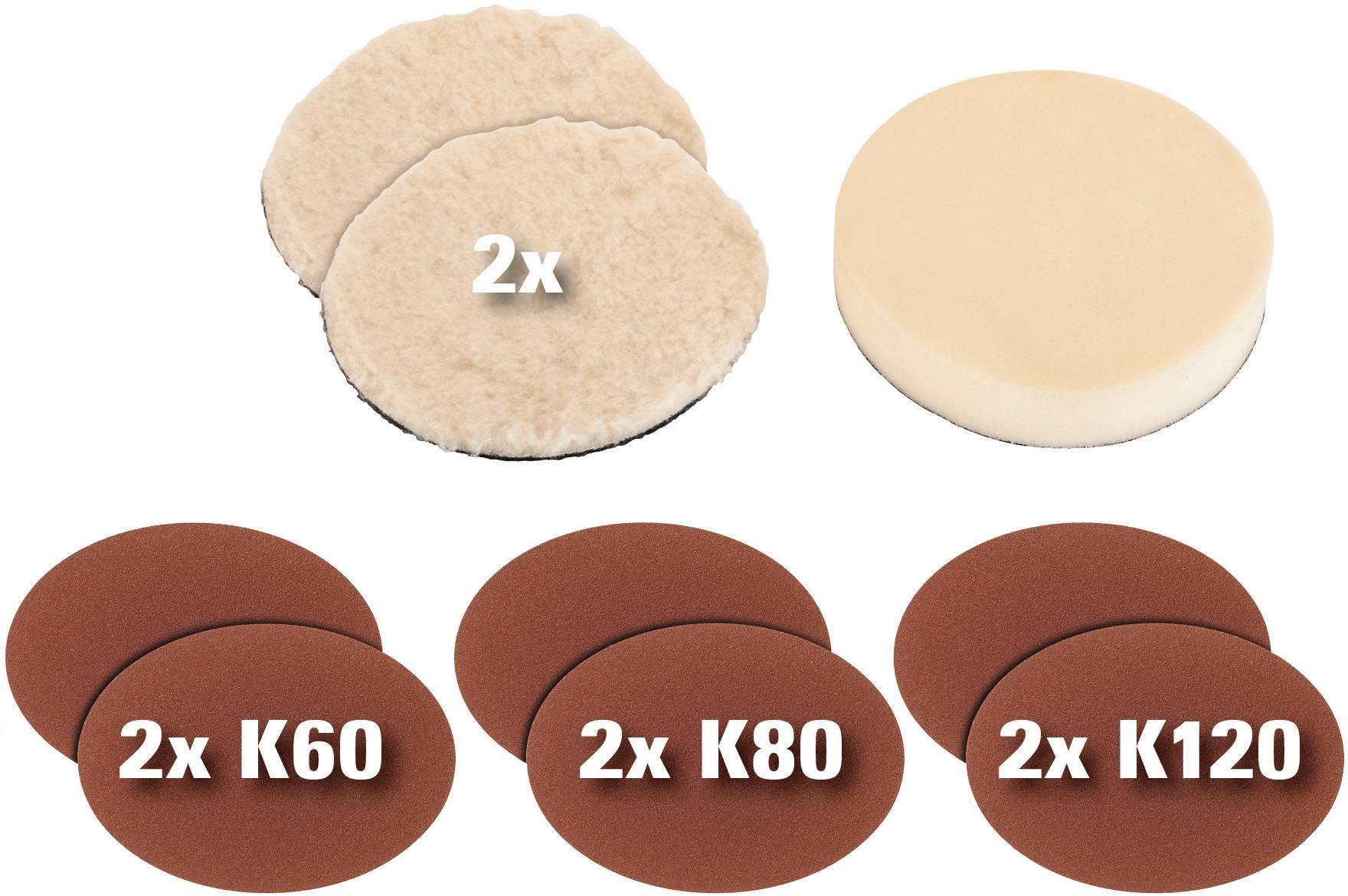 Set aus zehn Schleifscheiben: 2x K60, 2x K80, 2x K120 für Schleifarbeiten, plus zwei Polierpads und ein Schwamm für Polierarbeiten.