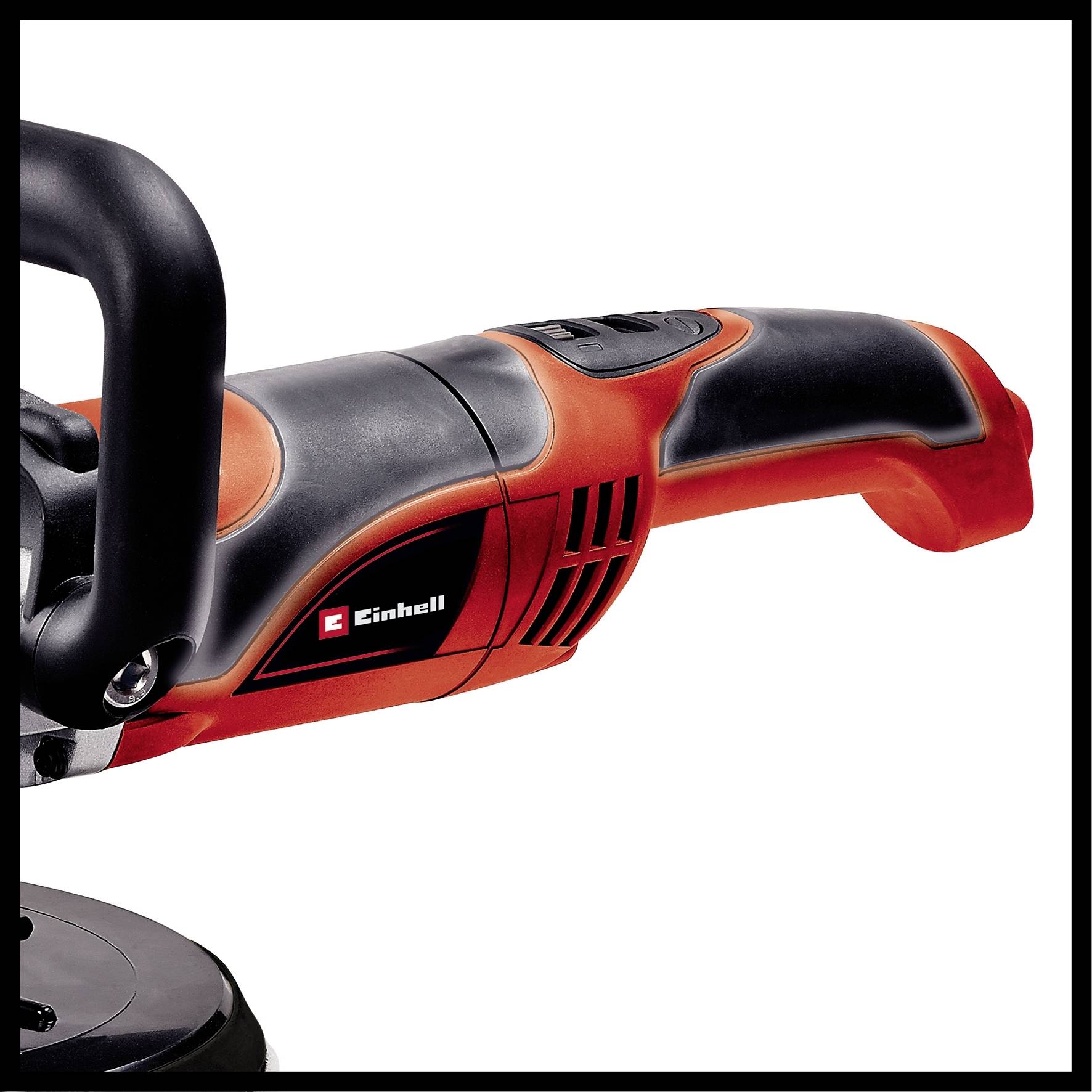 Roter Einhell Winkelschleifer-Griff, Nahaufnahme. Gerät ist für Schleif- und Schneidarbeiten bestimmt.