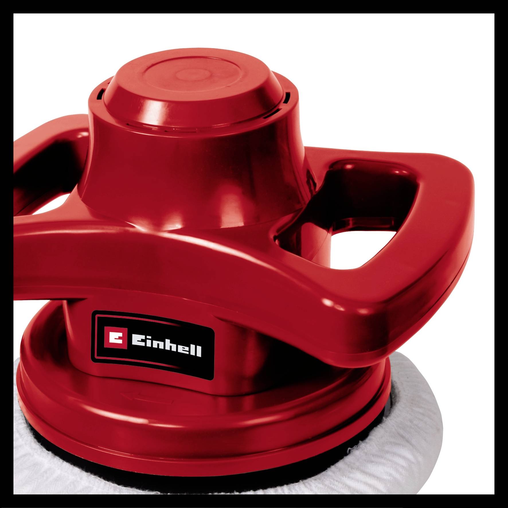 Ein rotes Poliergerät mit dem Markennamen 'Einhell'. Es hat ergonomische Griffe und ist für das Polieren von Oberflächen gedacht.