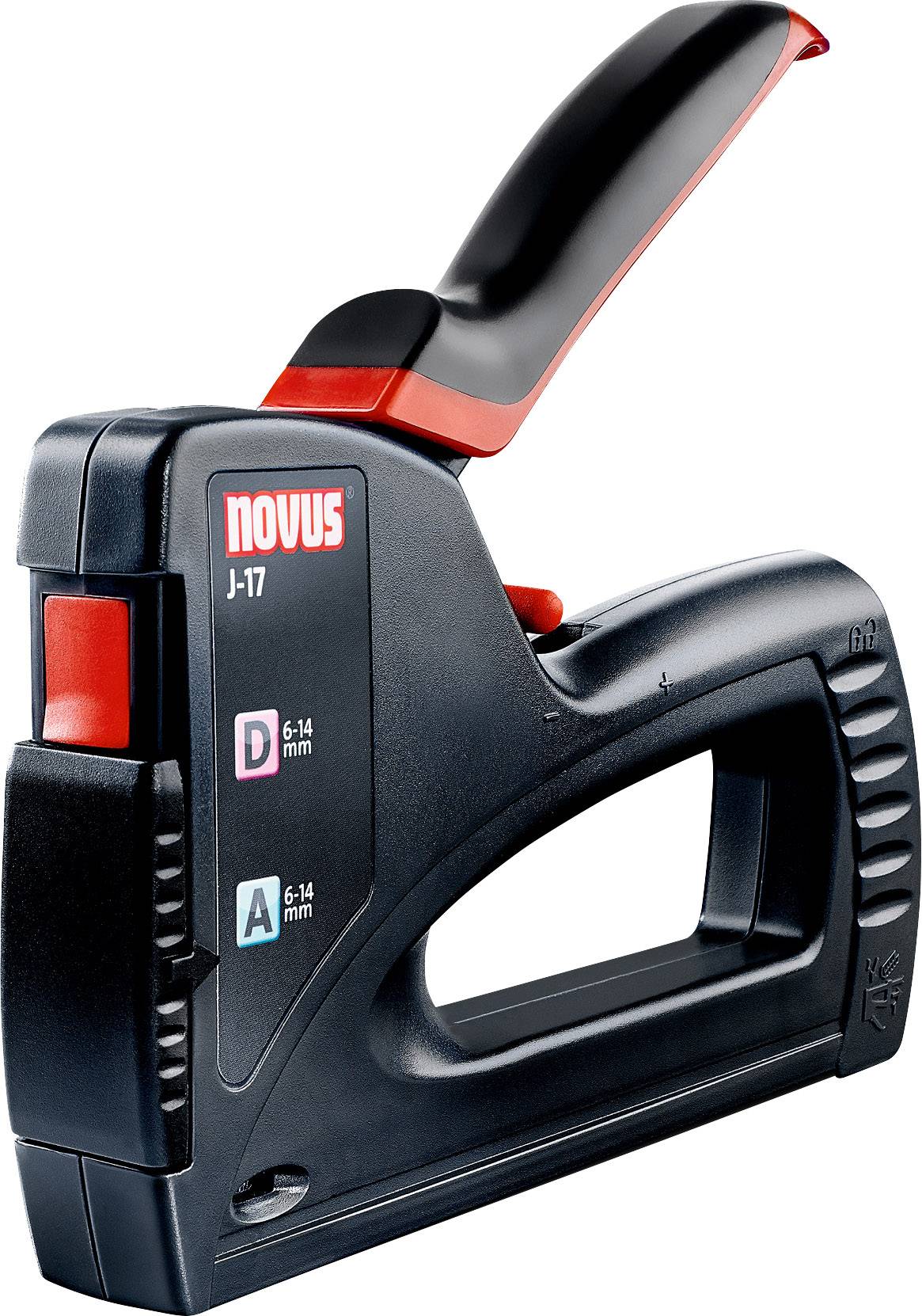 Schwarz-roter Handtacker der Marke Novus, Modell J-17, geeignet für Klammern von 6-14 mm. Ergonomischer Griff, robustes Design.