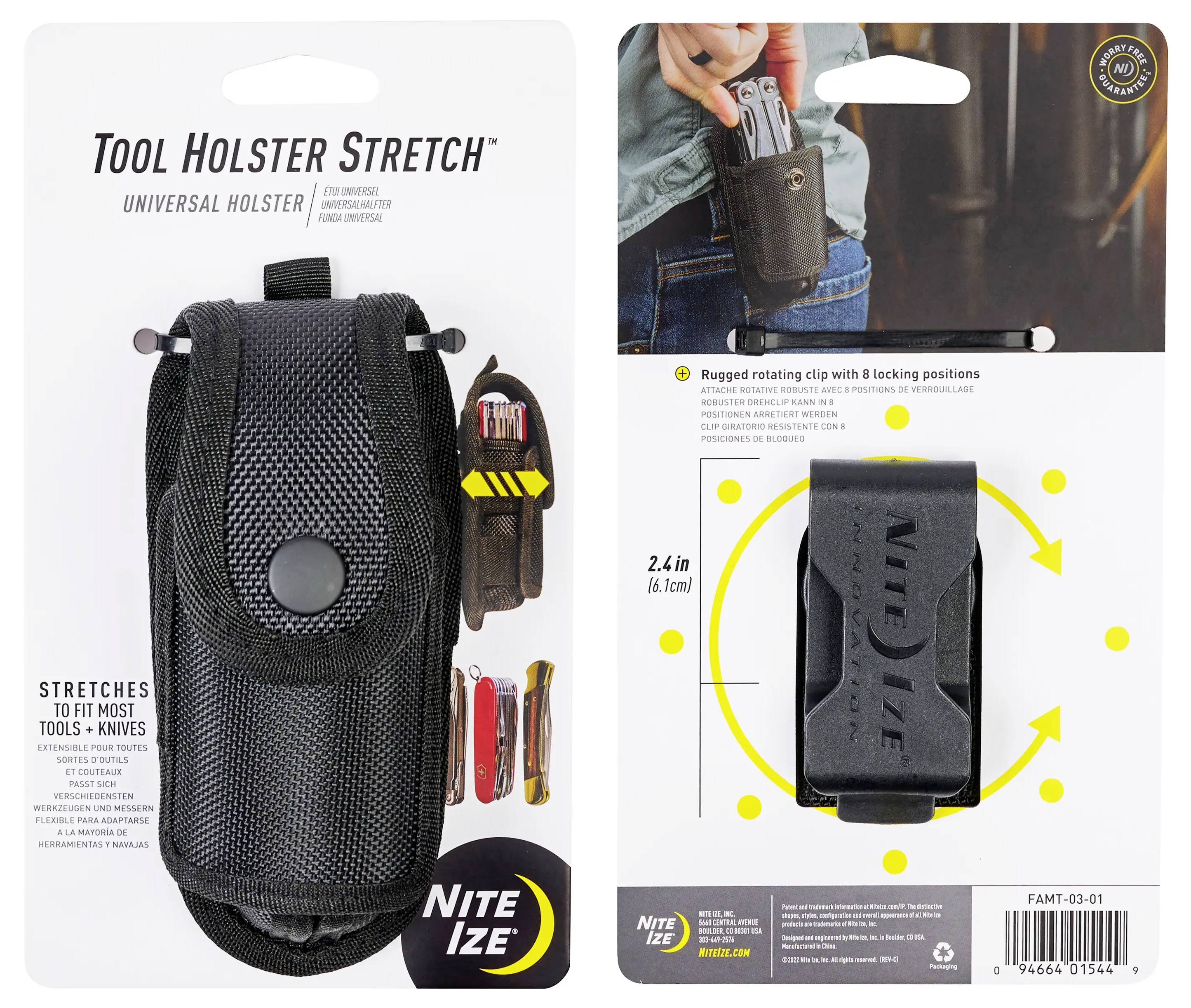 Werkzeug-Holster Stretch' Verpackung zeigt Holster für Werkzeuge und Messer. Hebt das elastische Material und den robusten Clip mit 8 Arretierungspositionen hervor.