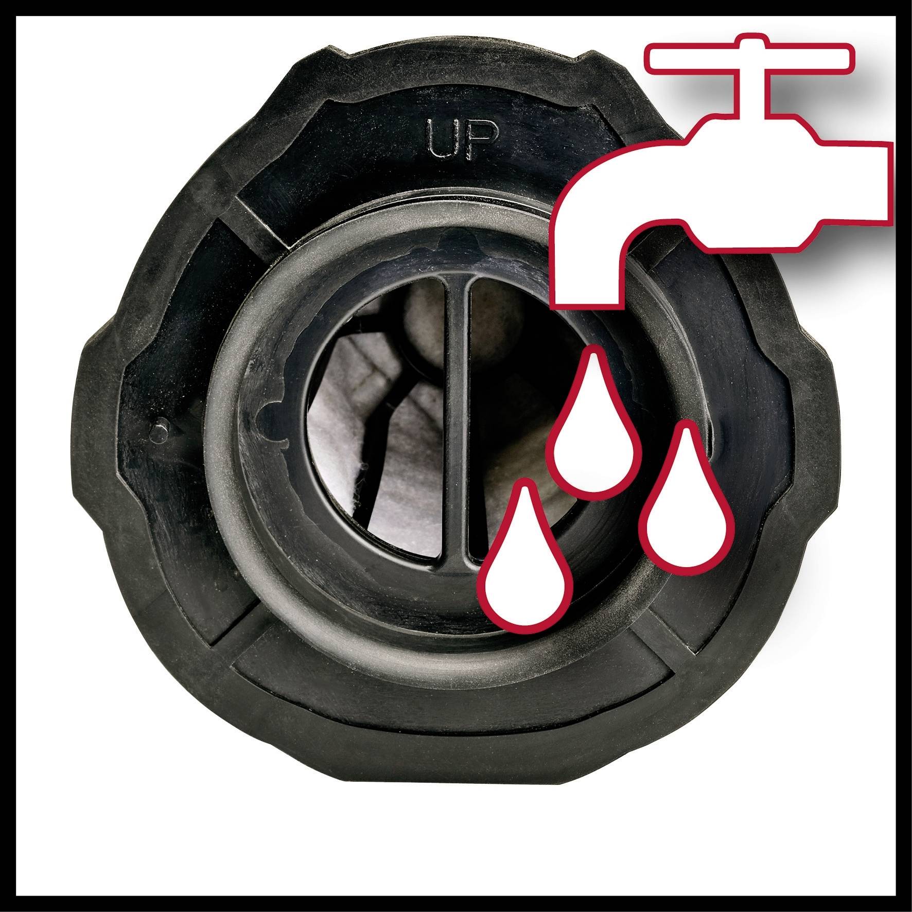 Ein schwarzes Ventil mit einem 'UP'-Hinweis und darüber ein Symbol mit einem Wasserhahn, aus dem rote Tropfen fallen.