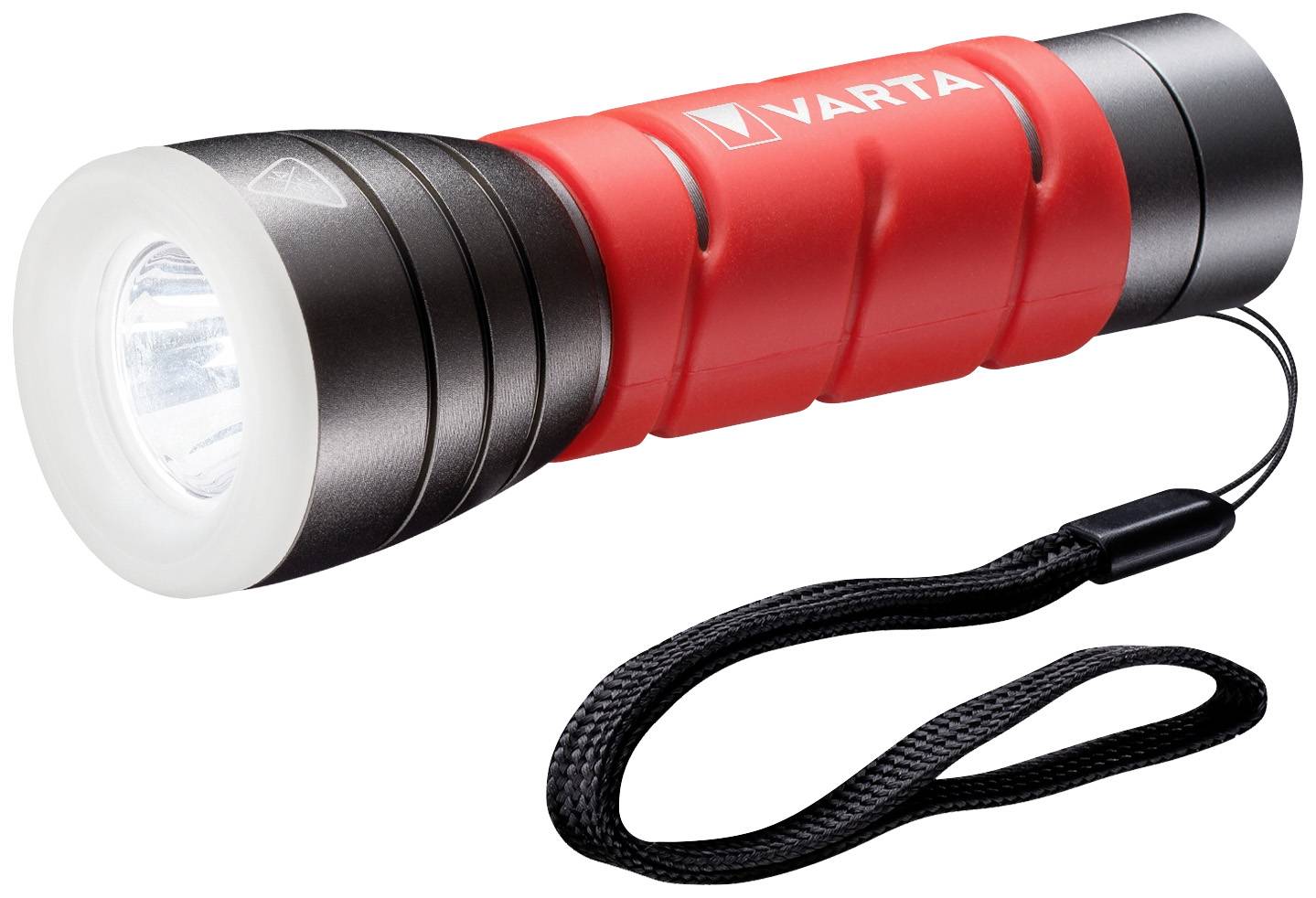 Rote Taschenlampe mit schwarzem Griff und Handschlaufe, leuchtet hell. Markenlogo 'Varta' auf dem Griff sichtbar.