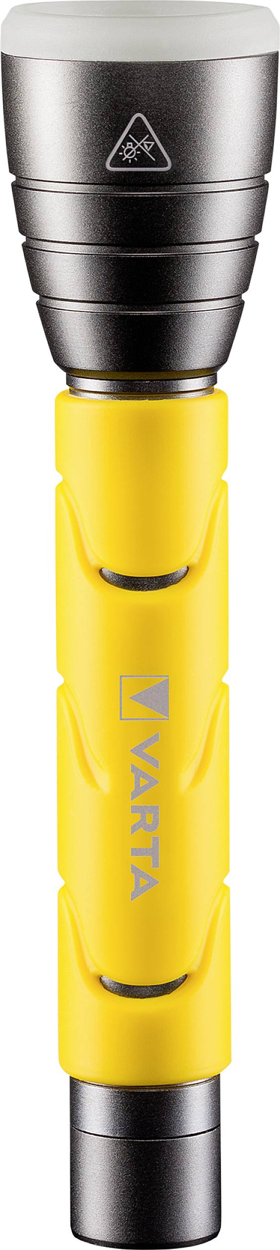 Eine gelbe VARTA-Taschenlampe mit silbernem Kopf, geeignet für verschiedene Beleuchtungsbedürfnisse.