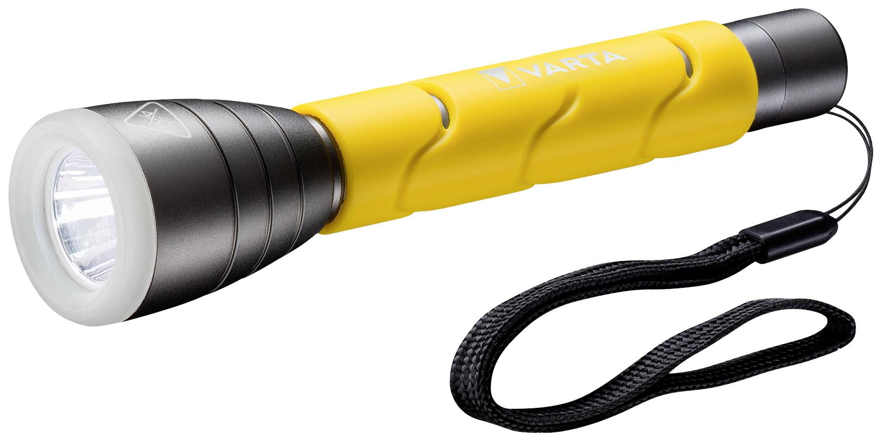 Gelbe LED-Taschenlampe mit schwarzer Kordel. Die Taschenlampe ist aus Metall und Kunststoff gefertigt und zeigt das Logo 'Varta'.