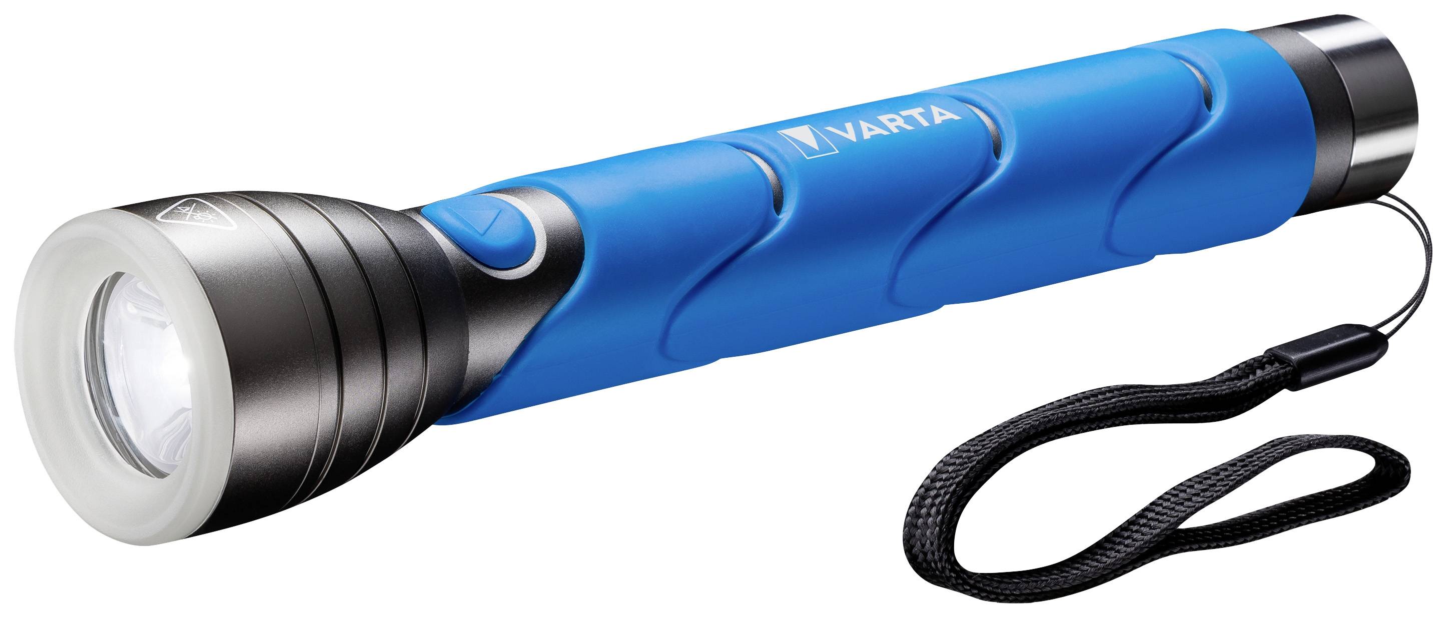 Blaue Taschenlampe mit schwarzem Halteriemen, Metallkopf und gummiertem Griff.