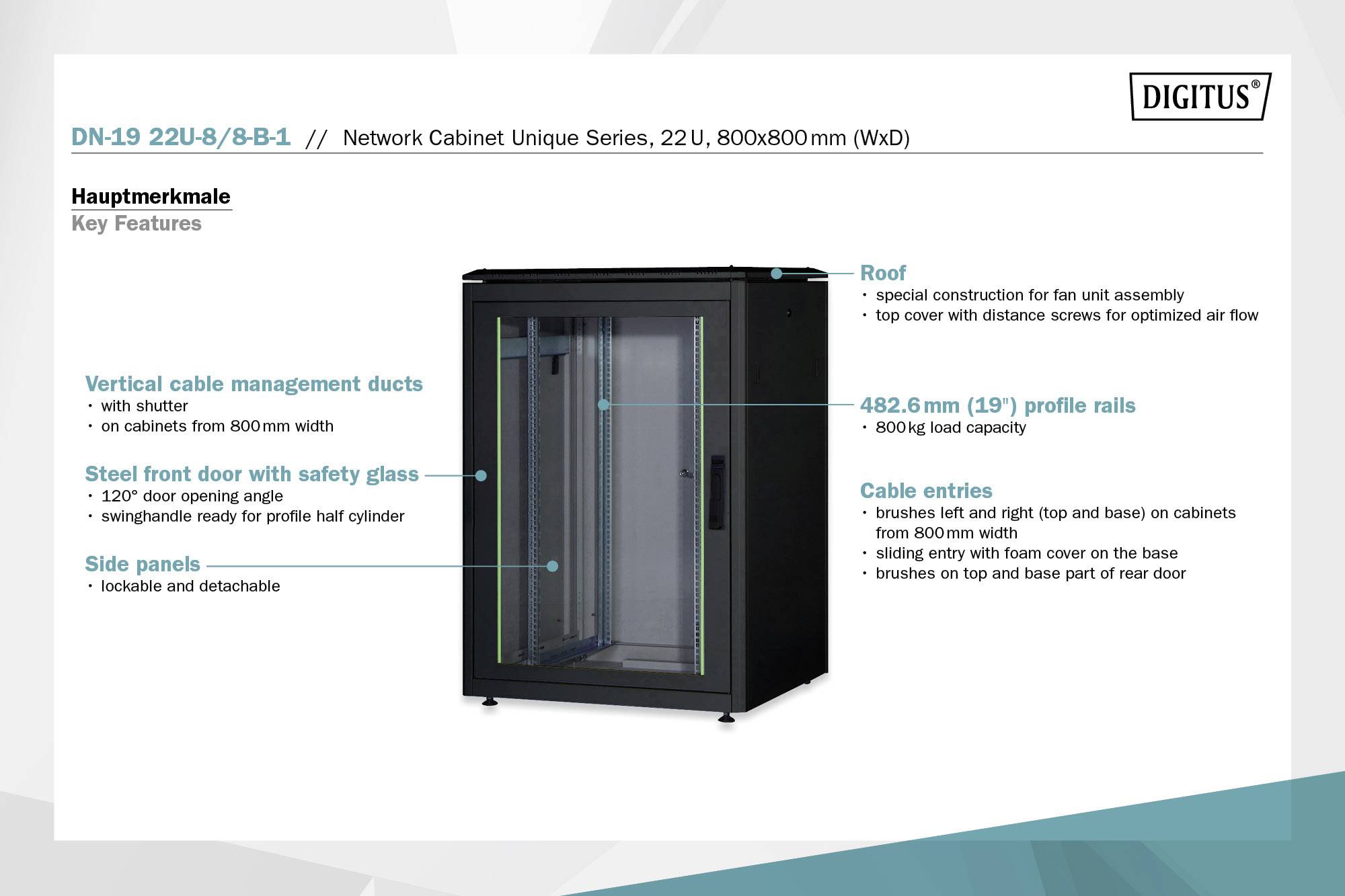 Netzwerkschrank, Unique Series, 22U, 800x800mm. Merkmale: Stahltür, seitliche Verkleidungen, Kabelführungen, Traglast 800kg.