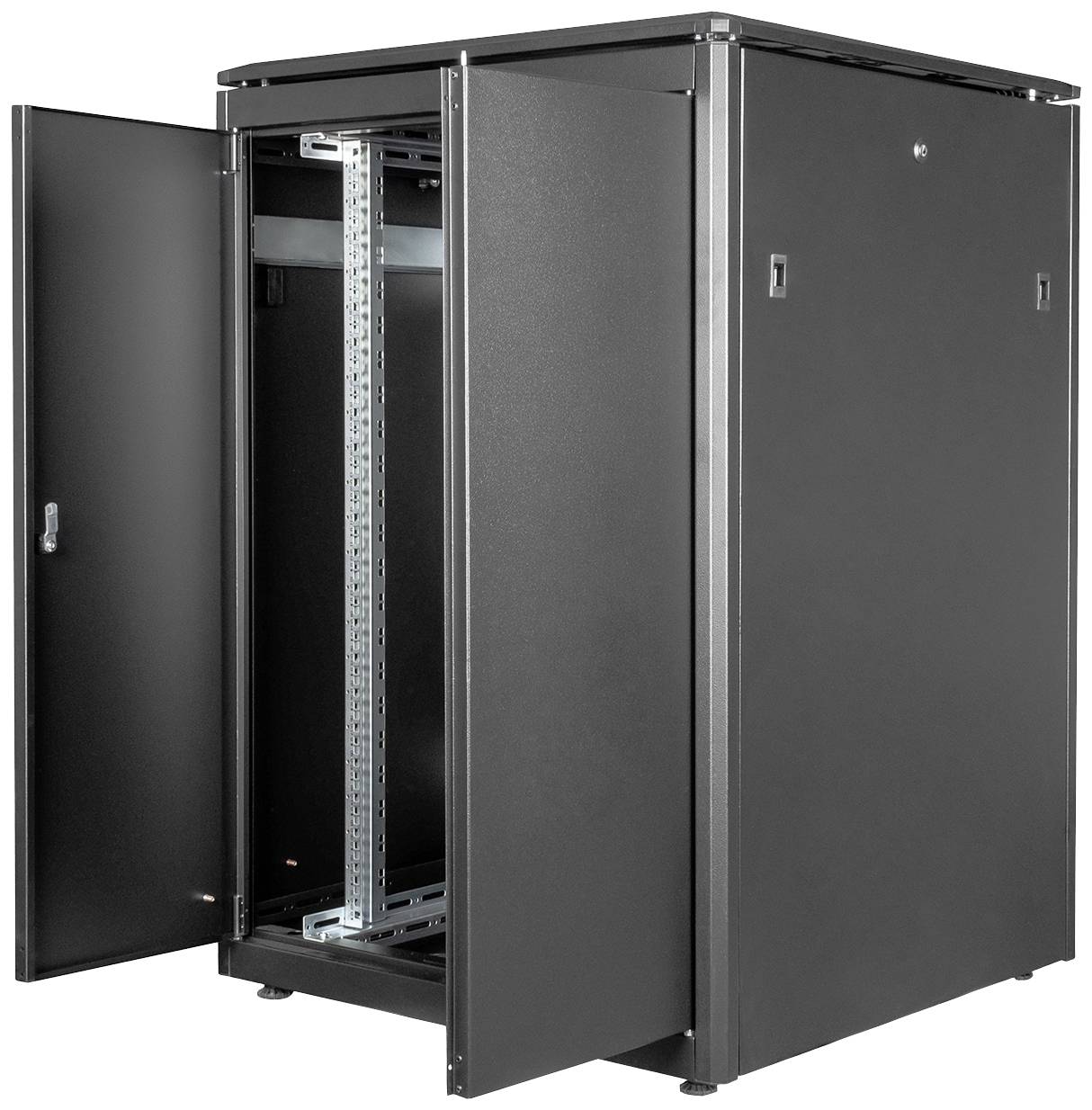 Schwarzer Server-Rack-Schrank mit geöffneter Tür; zeigt innenliegende Schienen zur Aufnahme von IT-Equipment.