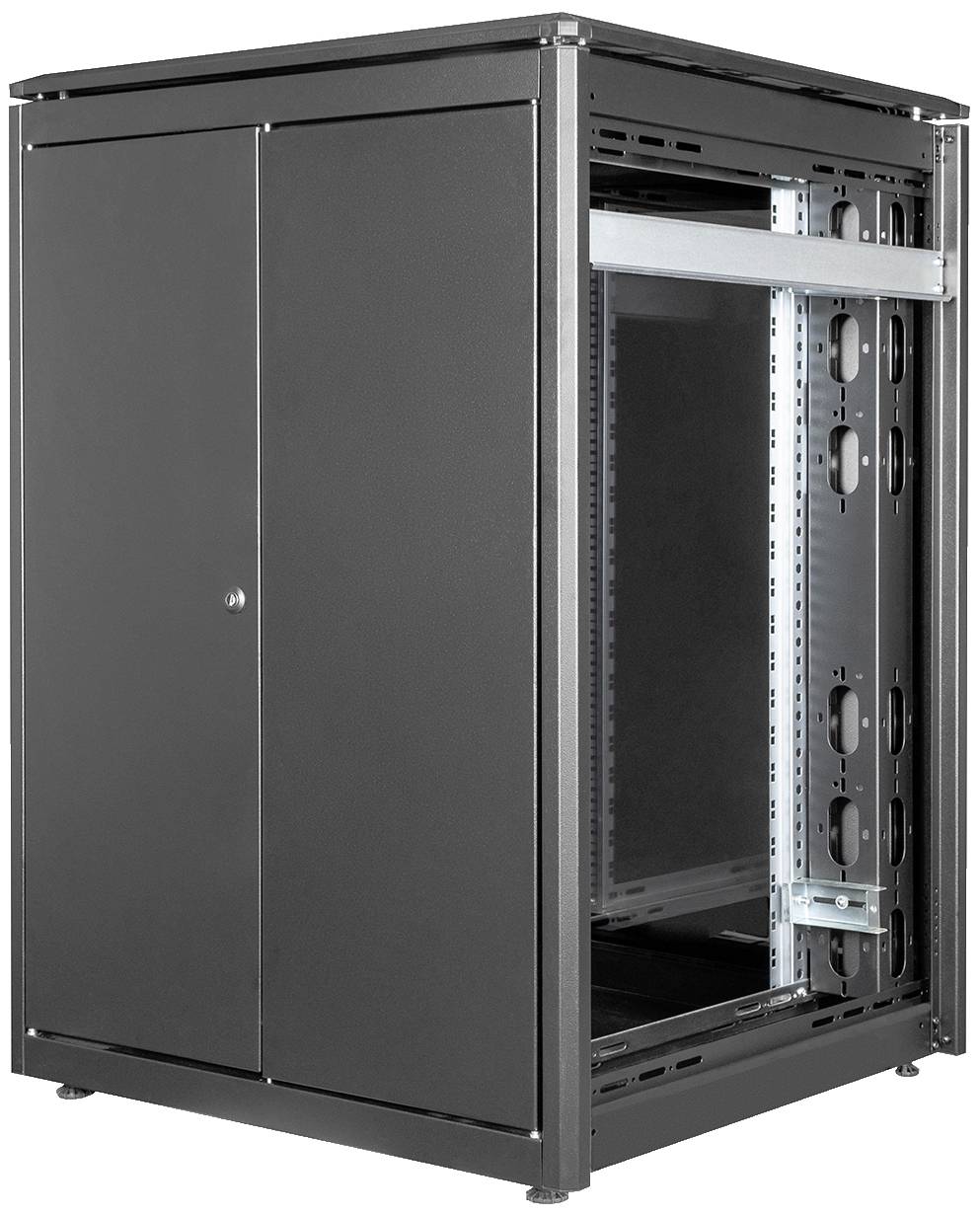 Ein schwarzer Server-Rack-Schrank mit teilweise geöffneter Tür, zeigt Rahmen und Befestigungsschienen im Inneren.