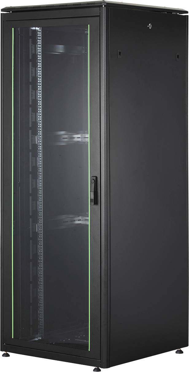 Ein schwarzer Server-Rack-Schrank mit Glastür und leuchtend grünen Akzenten, geeignet zur Aufbewahrung elektronischer Geräte in Rechenzentren.