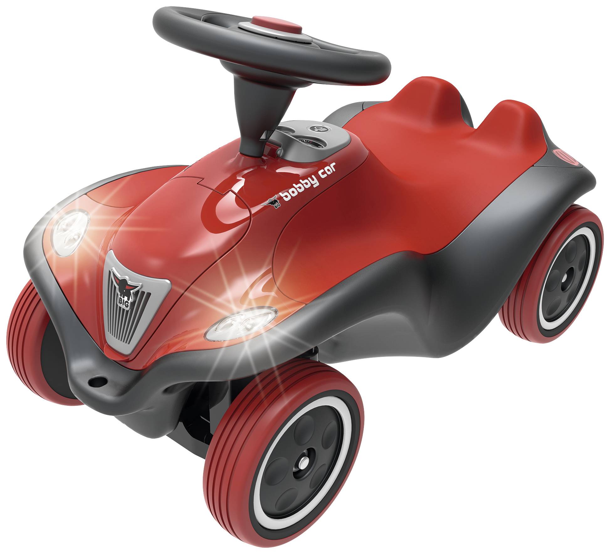 Rotes Bobby-Car mit schwarzem Lenkrad und Sitzfläche, geeignet für Kleinkinder zum Spielen und Fahren.
