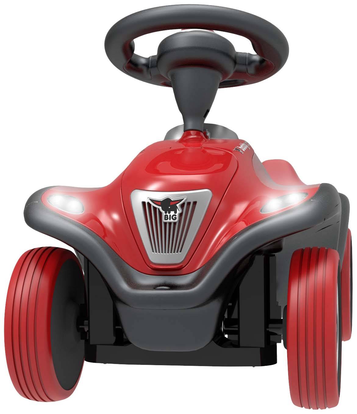 Rotes Spielzeugauto mit schwarzem Lenkrad und vier Rädern, Ansicht von vorne. Geeignet für Kleinkinder zur Fortbewegung.