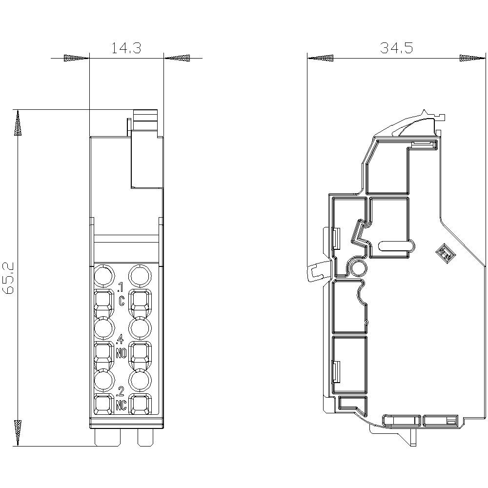 Technische Zeichnung eines elektrischen Bauteils mit Maßen: Höhe 65,2 mm, Breite 14,3 mm und Tiefe 34,5 mm. Vorder- und Seitenansicht.