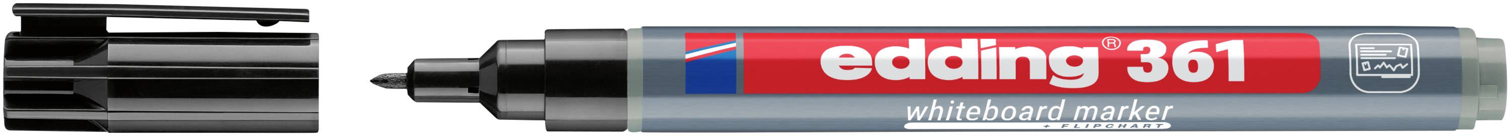 Schwarzer Whiteboard-Marker mit entfernter Kappe, beschriftet mit „edding 361