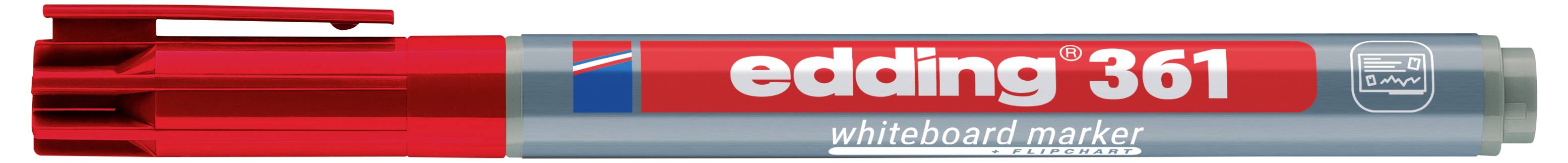 Roter und grauer Edding 361 Whiteboard-Marker mit roter Kappe und rotem Tinten-Etikett auf weißem Hintergrund.