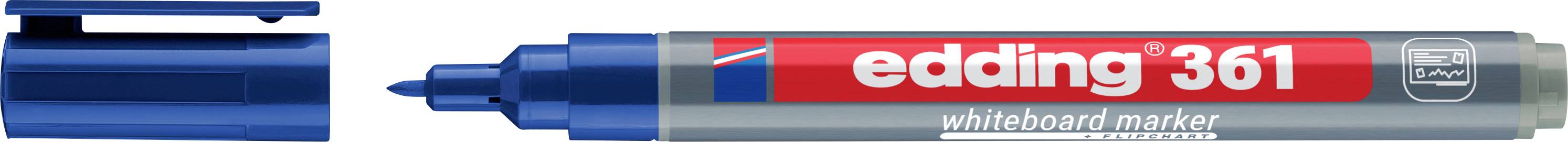 Blauer Edding 361 Whiteboard-Marker horizontal dargestellt, mit der Kappe an einem Ende und der Markerspitze am anderen Ende freigelegt.
