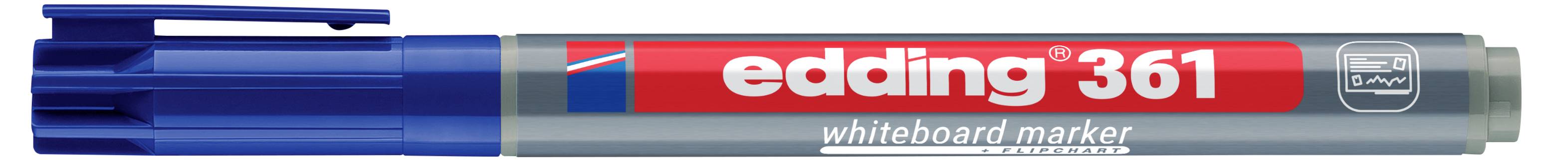Blauer Edding 361 Whiteboard-Marker mit rotem Etikett und grauer Kappe, in Seitenansicht dargestellt.