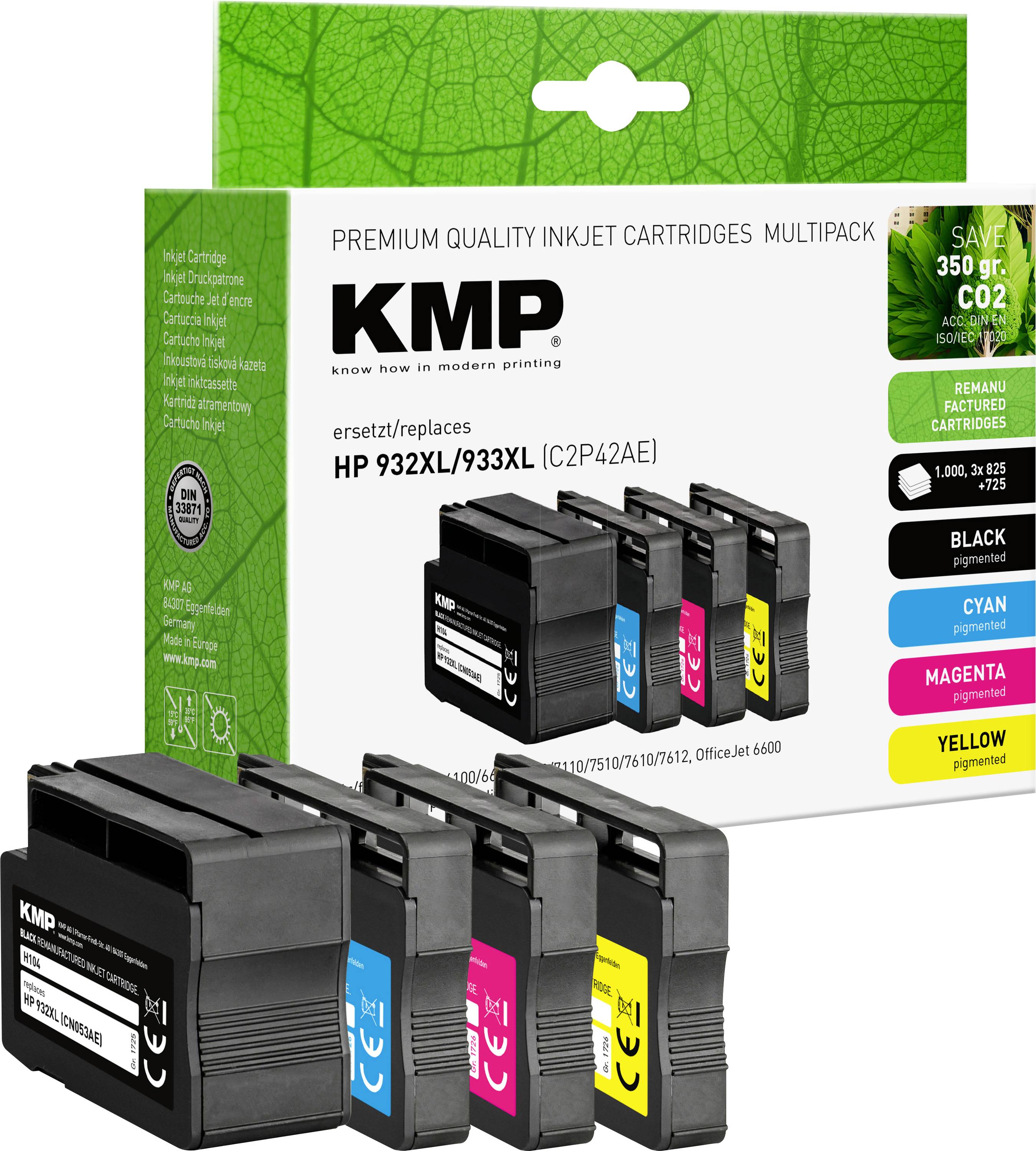 Vier Tintenpatronen in Schwarz, Cyan, Magenta und Gelb vor einer Verpackung mit Aufschrift 'KMP'. Geeignet für HP Drucker.