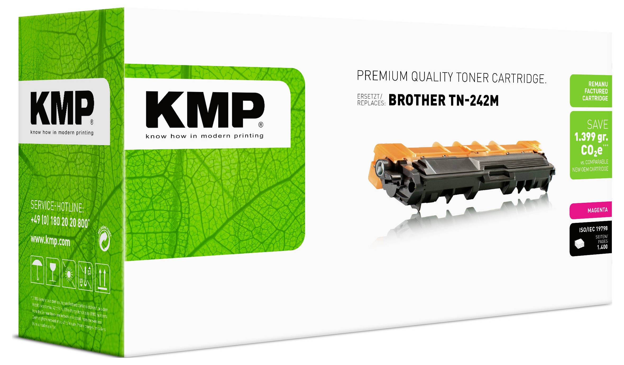 KMP Premium-Tonerpatrone Verpackung für Brother TN-242M, gezeigt mit grüner Schachtel und Patronenabbildung.