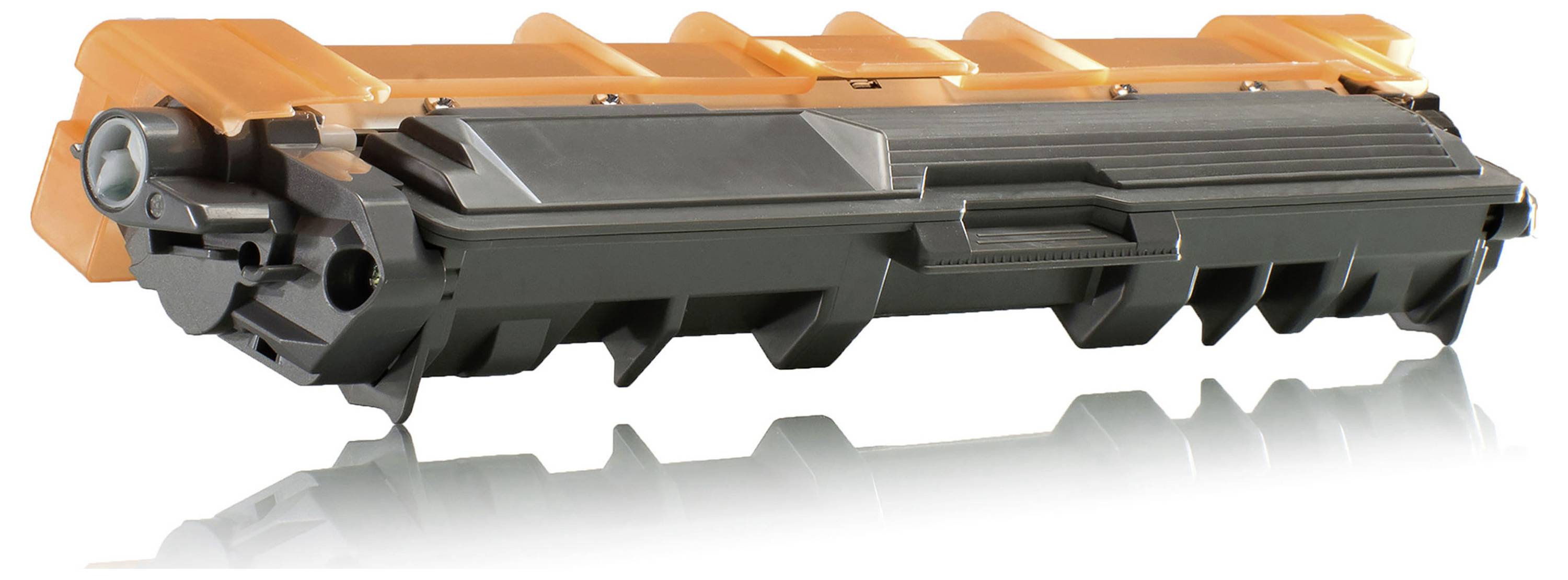 Schwarz-orangefarbige Druckertonerkassette auf weißem Hintergrund, in perspektivischer Ansicht mit reflektierendem Schatten darunter dargestellt.