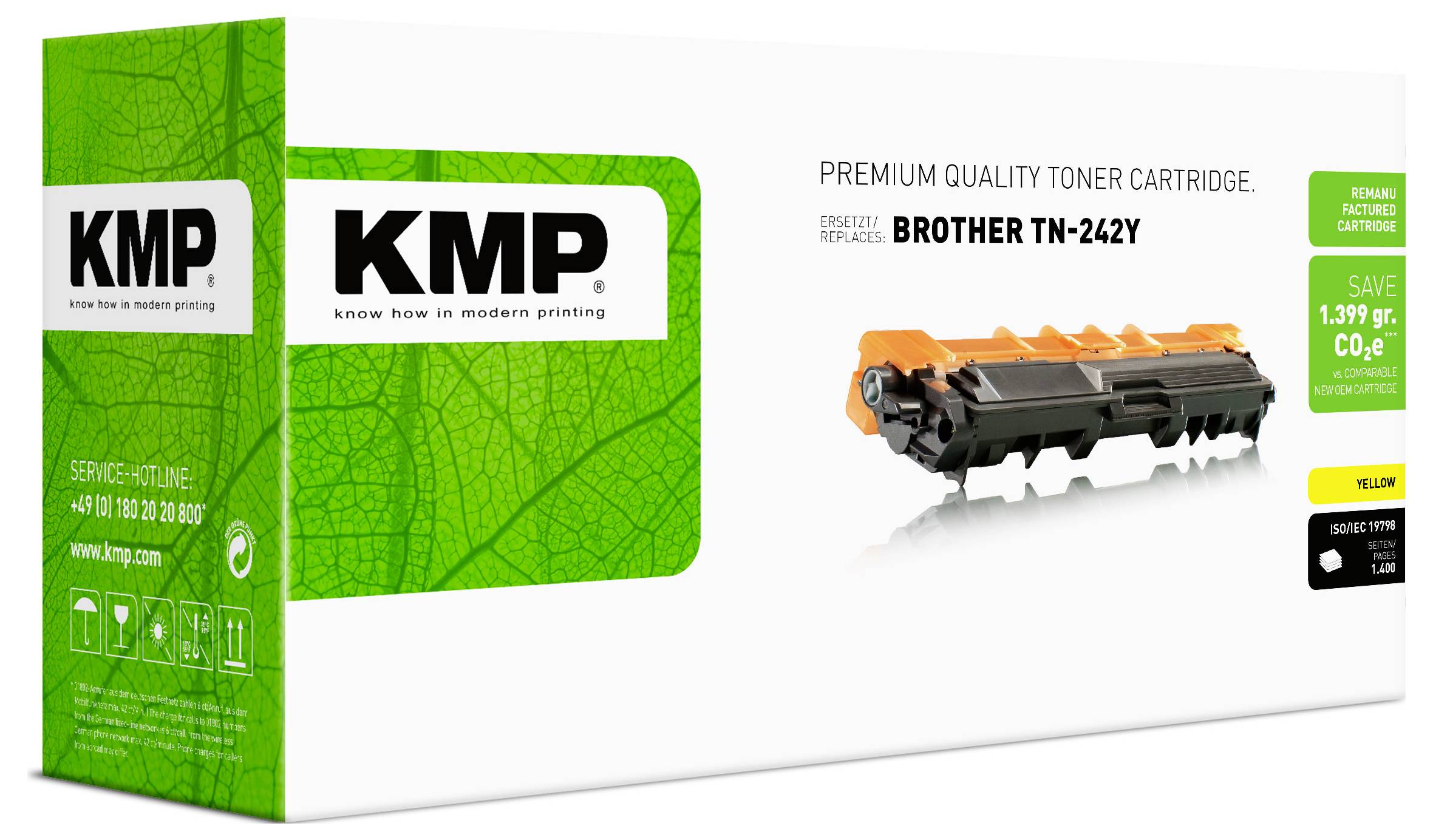 KMP-Tonerkartusche für Brother TN-242Y, zeigt eine gelbe Ersatzkartusche und Verpackung mit der Aufschrift „Premium-Qualitäts-Tonerkartusche".