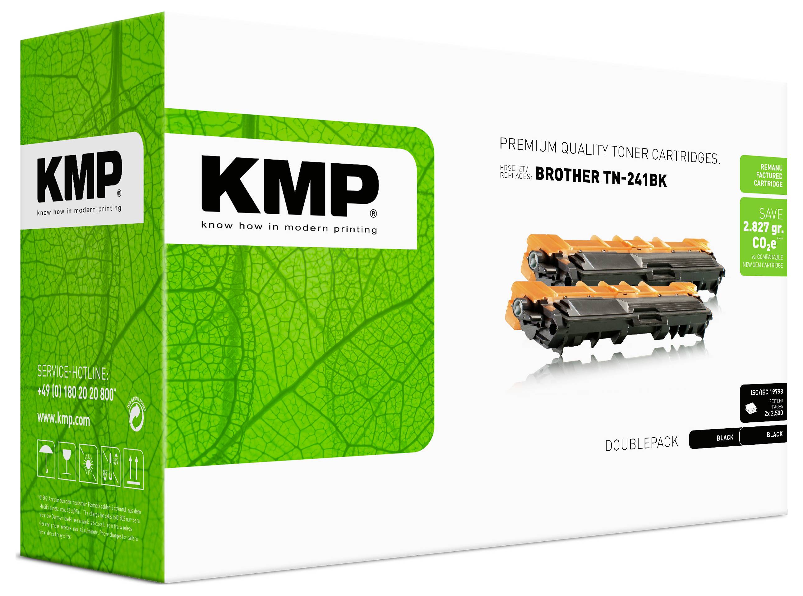 KMP Premium-Qualitäts-Tonerpatronen-Verpackung für Brother TN-241BK, mit einer schwarzen Tonerpatrone und grüner Schachtel mit "Doppelpack"-Kennzeichnung.