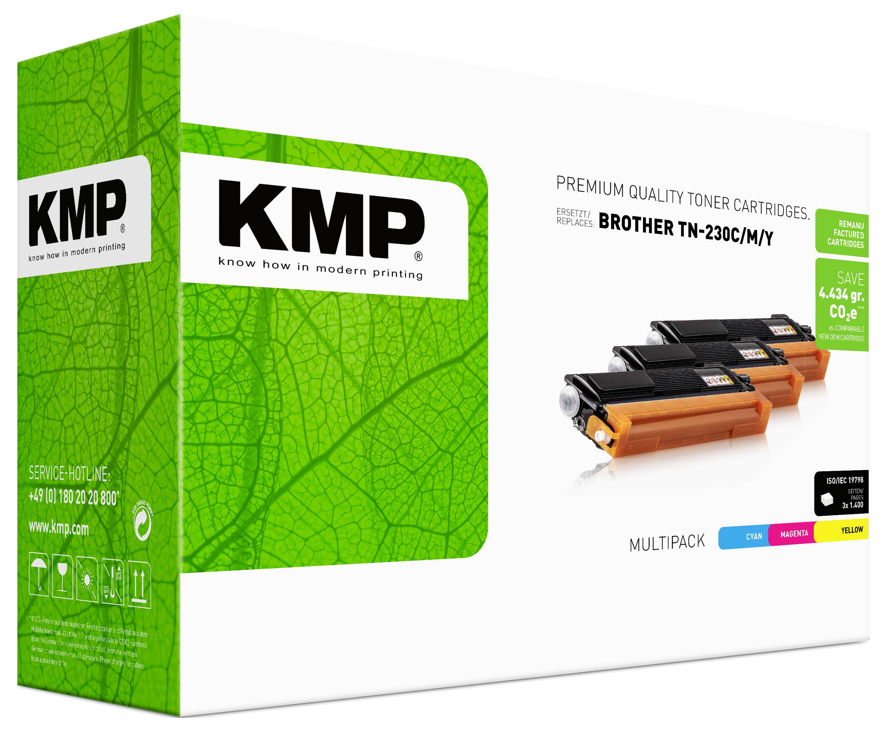 KMP Premium-Qualität Tonerpatronen Multipack für Brother TN-230C/M/Y, gezeigt auf der Produktverpackung mit Cyan-, Magenta- und Gelb-Patronen.