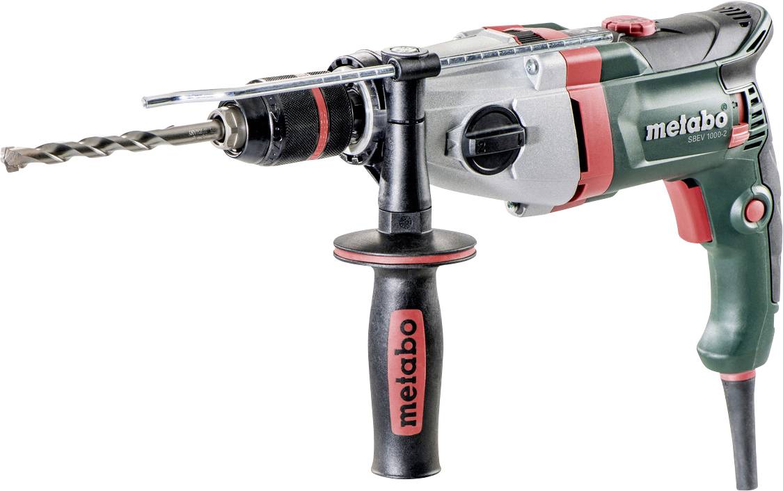 Schnurgebundener Metabo Bohrhammer mit Seitenbügel und Bohrspitze auf weißem Hintergrund.