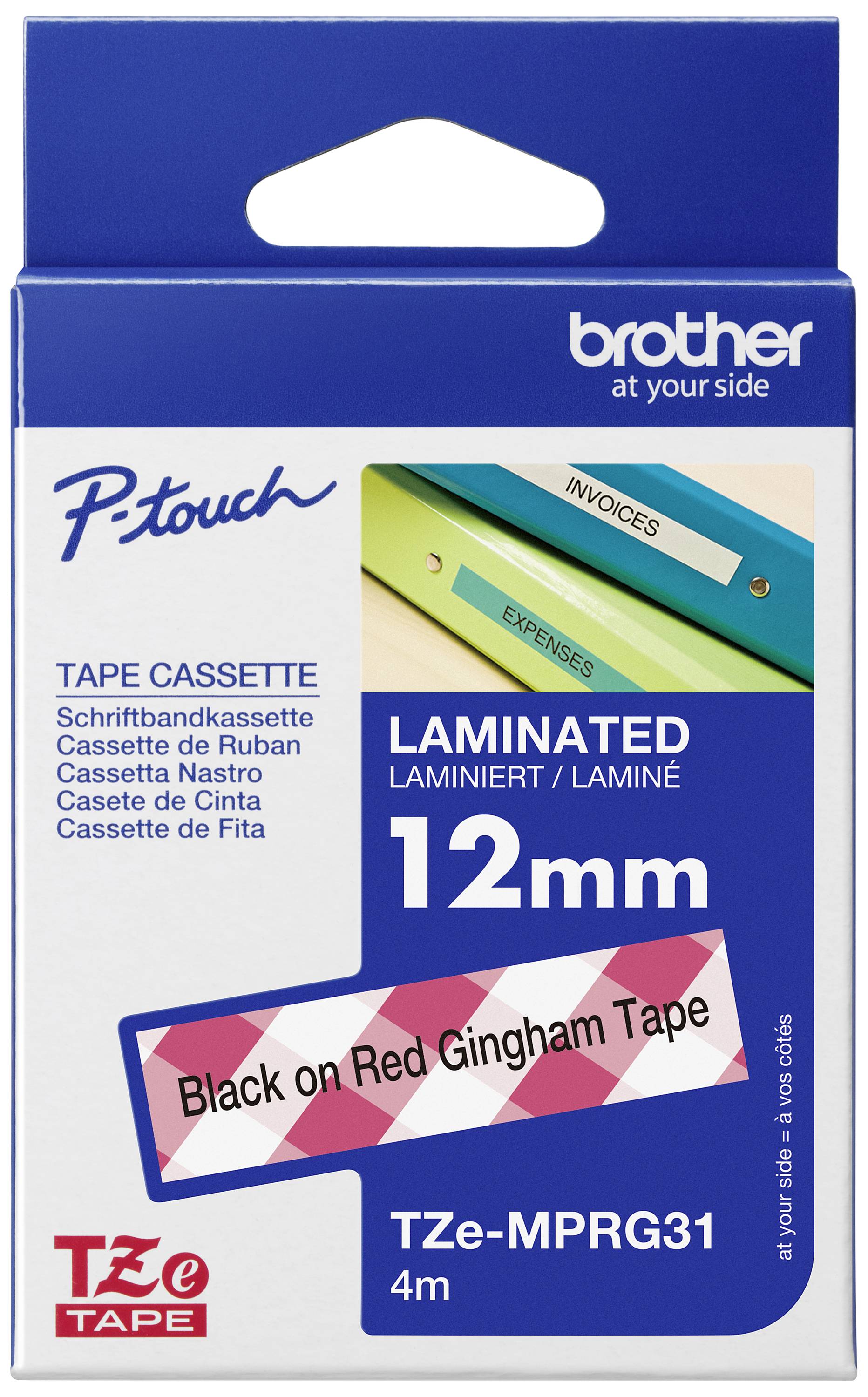 Verpackung einer Brother P-touch Schriftbandkassette, 12mm Breite, laminiert, schwarz auf rot kariertem Gingham-Muster.