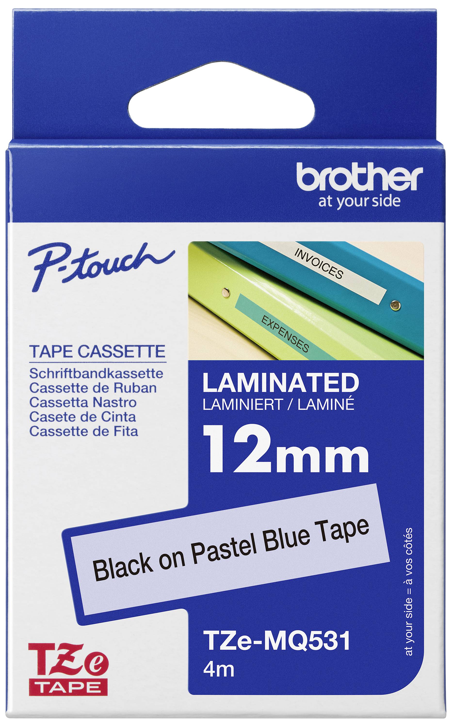 Verpackung für Brother P-touch Schriftbandkassette, laminiert, 12 mm breit, schwarz auf pastellblauem Band, 4 m Länge.
