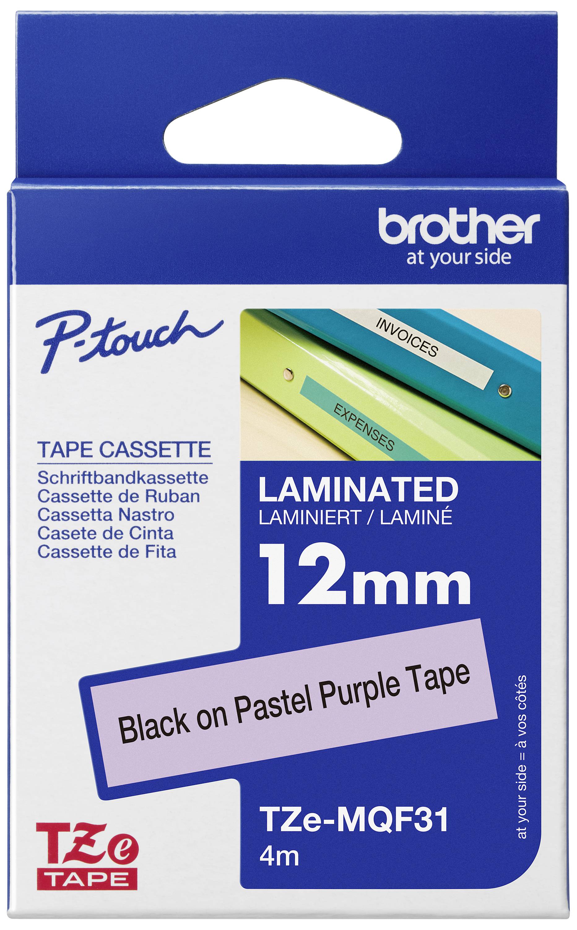 'Brother P-touch' Laminierbandkassette, 12 mm, schwarz auf pastellpurpur, 4 m, für Beschriftung von Ordnern und Dokumenten.