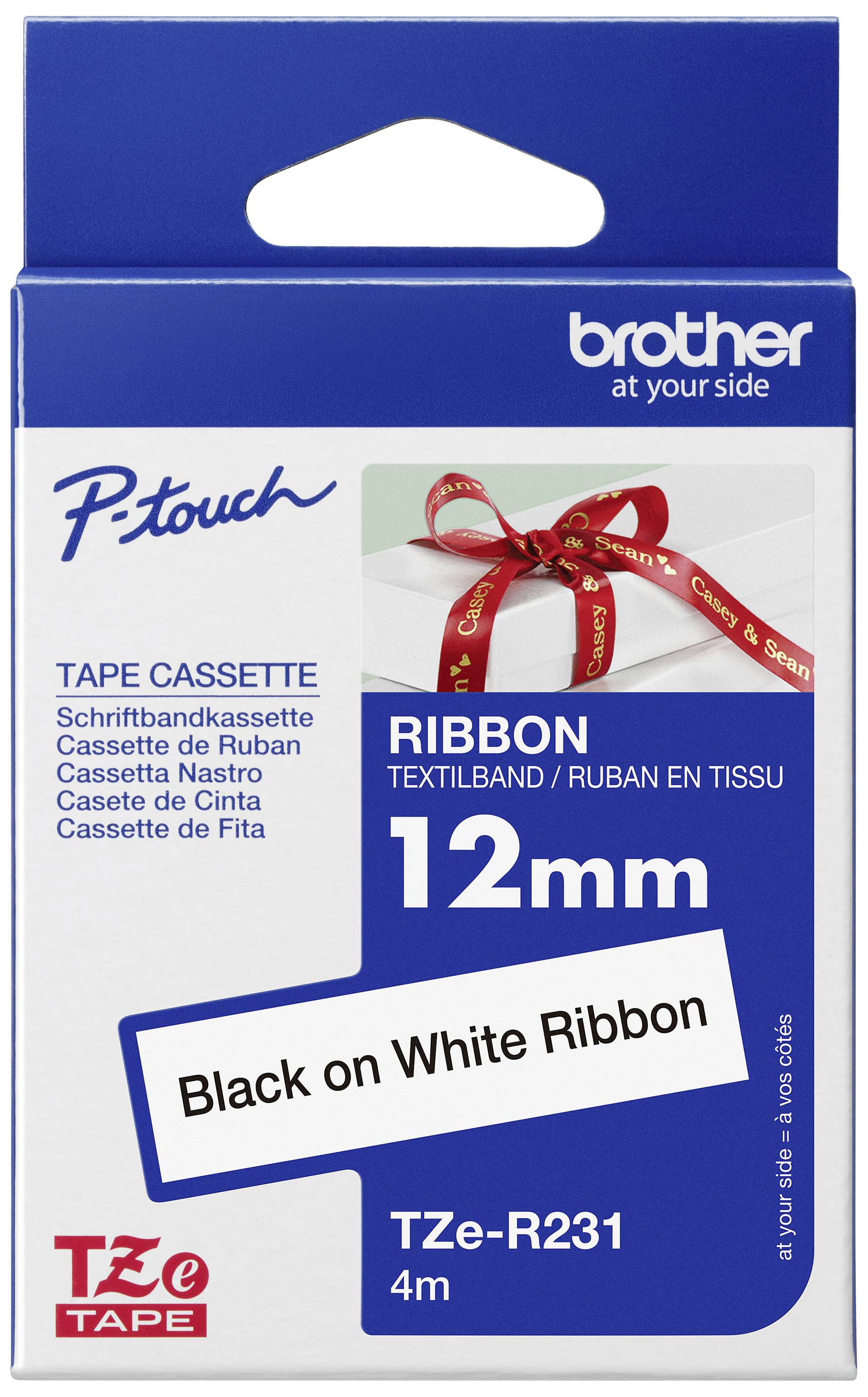 Verpackung einer 12 mm Textilbandkassette von Brother, Modell TZe-R231, mit schwarzem Text 'Black on White Ribbon'.