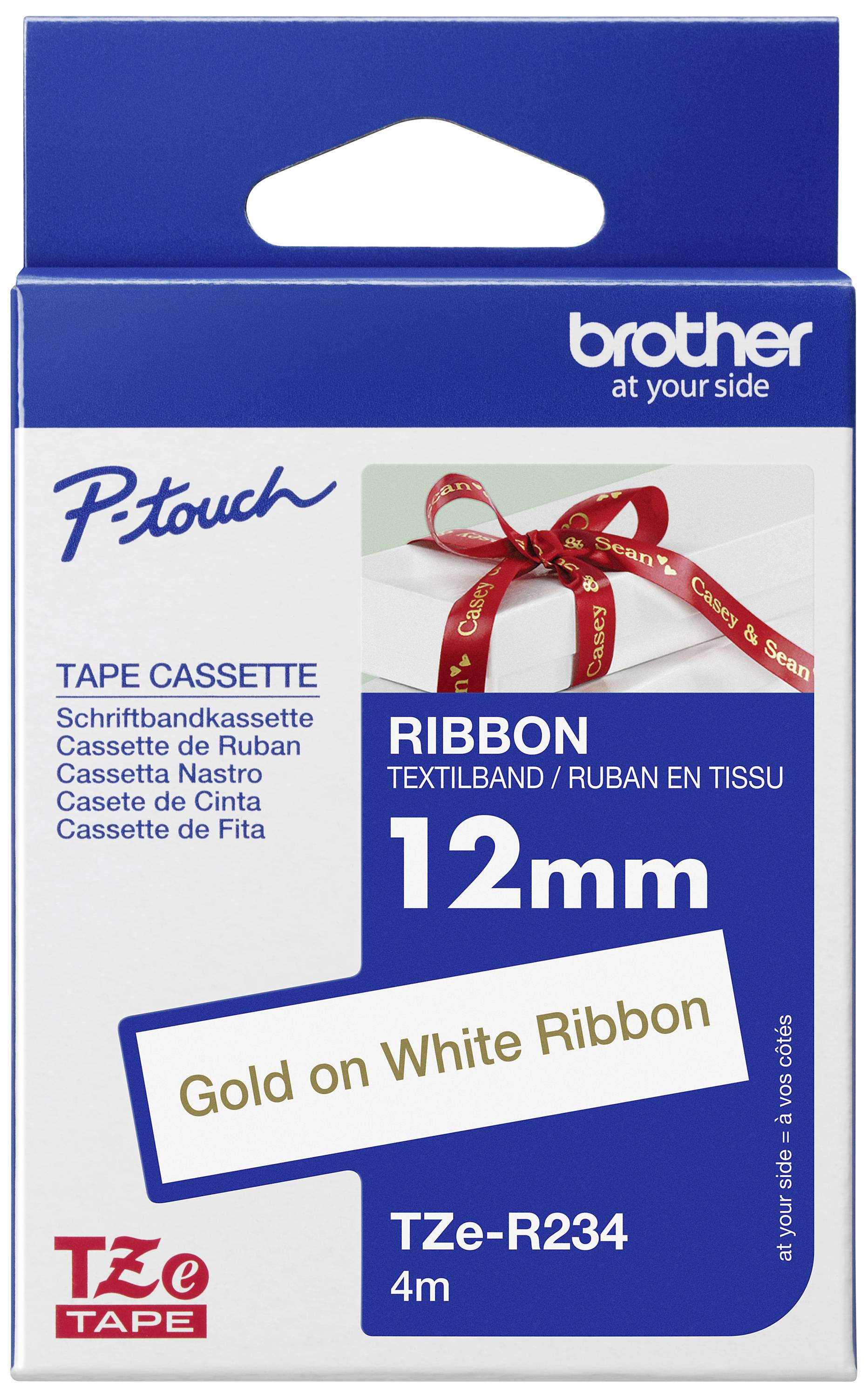 Verpackung einer Brother P-touch Bandkassette mit einem Textilband von 12 mm Breite, 'Gold on White Ribbon', 4 Meter Länge.