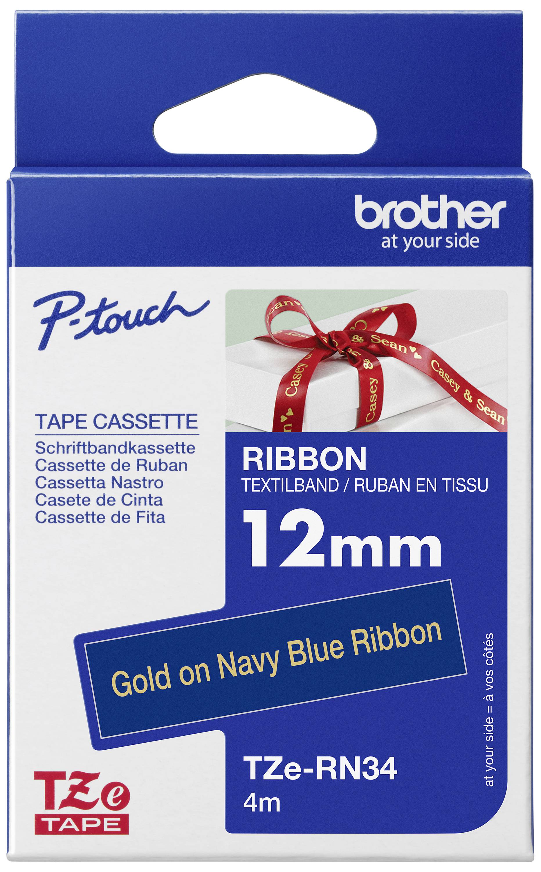 Packung einer Brother P-touch Bandkassette, 12 mm goldenes Schriftband auf marineblauem Band, 4 Meter lang.
